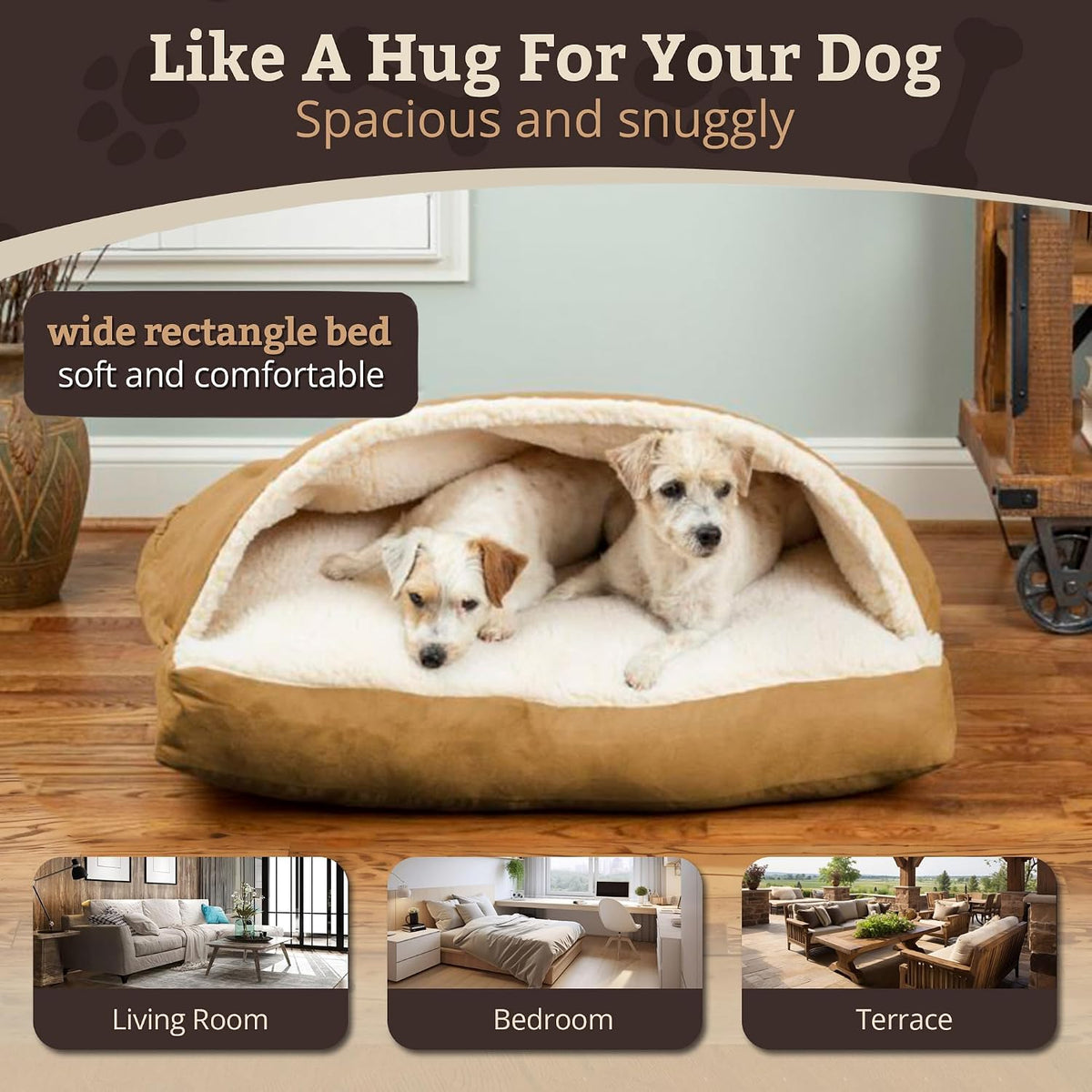 Snoozer Rectangle Cozy Cave Dog Bed, Hooded Dog Bed, Camel (XL)