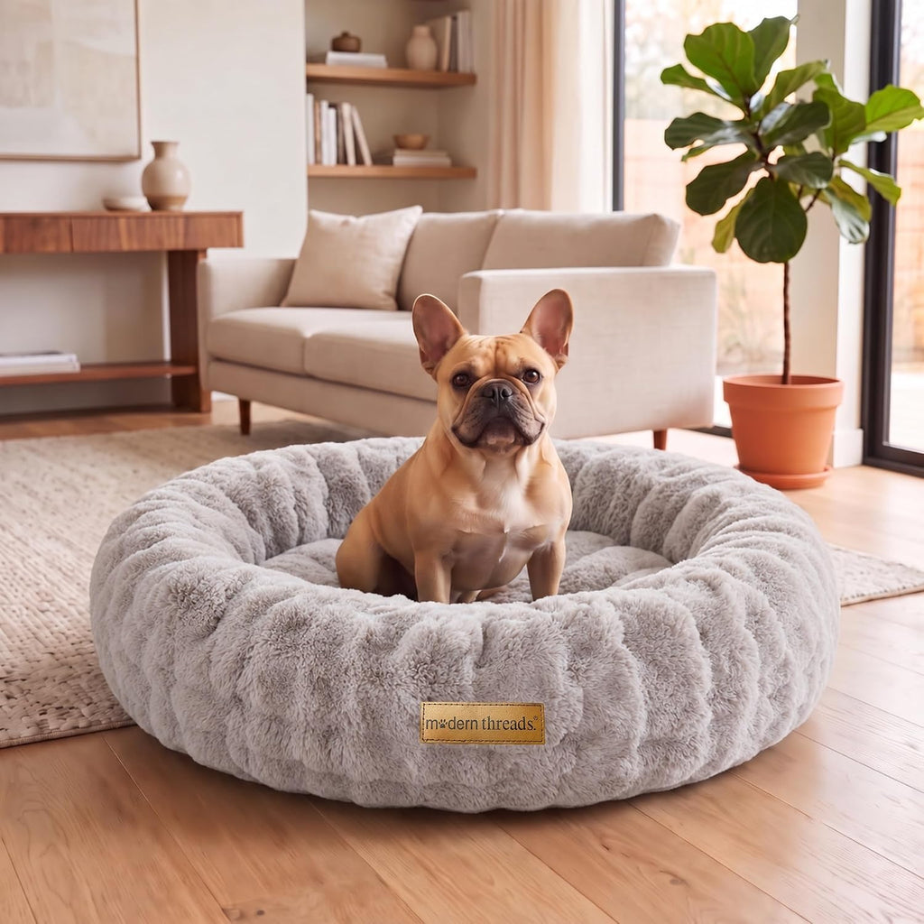 Modern Threads Calming Donut Dog Bed for Medium Dogs, Plush Round Faux Fur Pet Bed with Raised Bolster, Soft Washable Dog Bed, 30x30x9, Gray