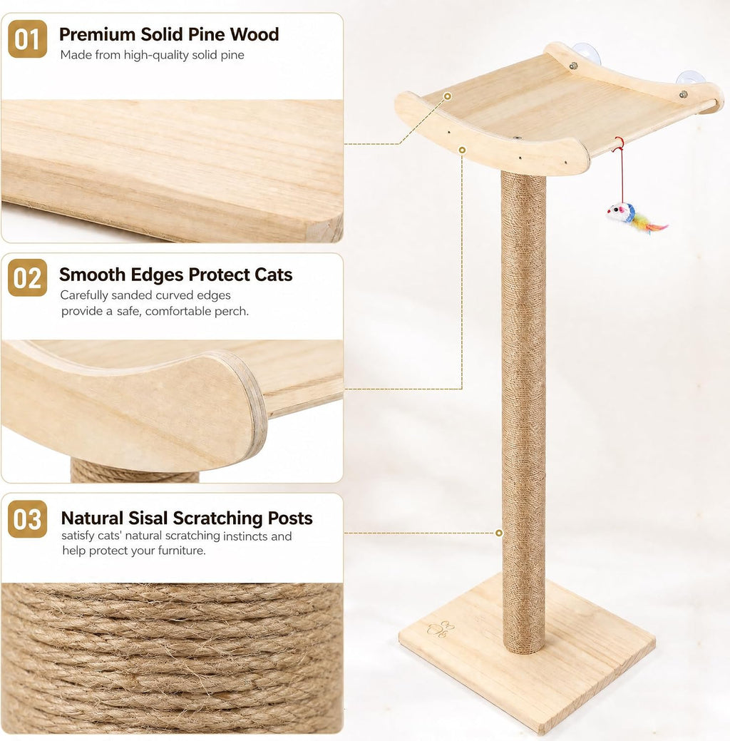 Cat Window Perch with Scratching Posts, 46-Inch Wooden Tree for Large Cats