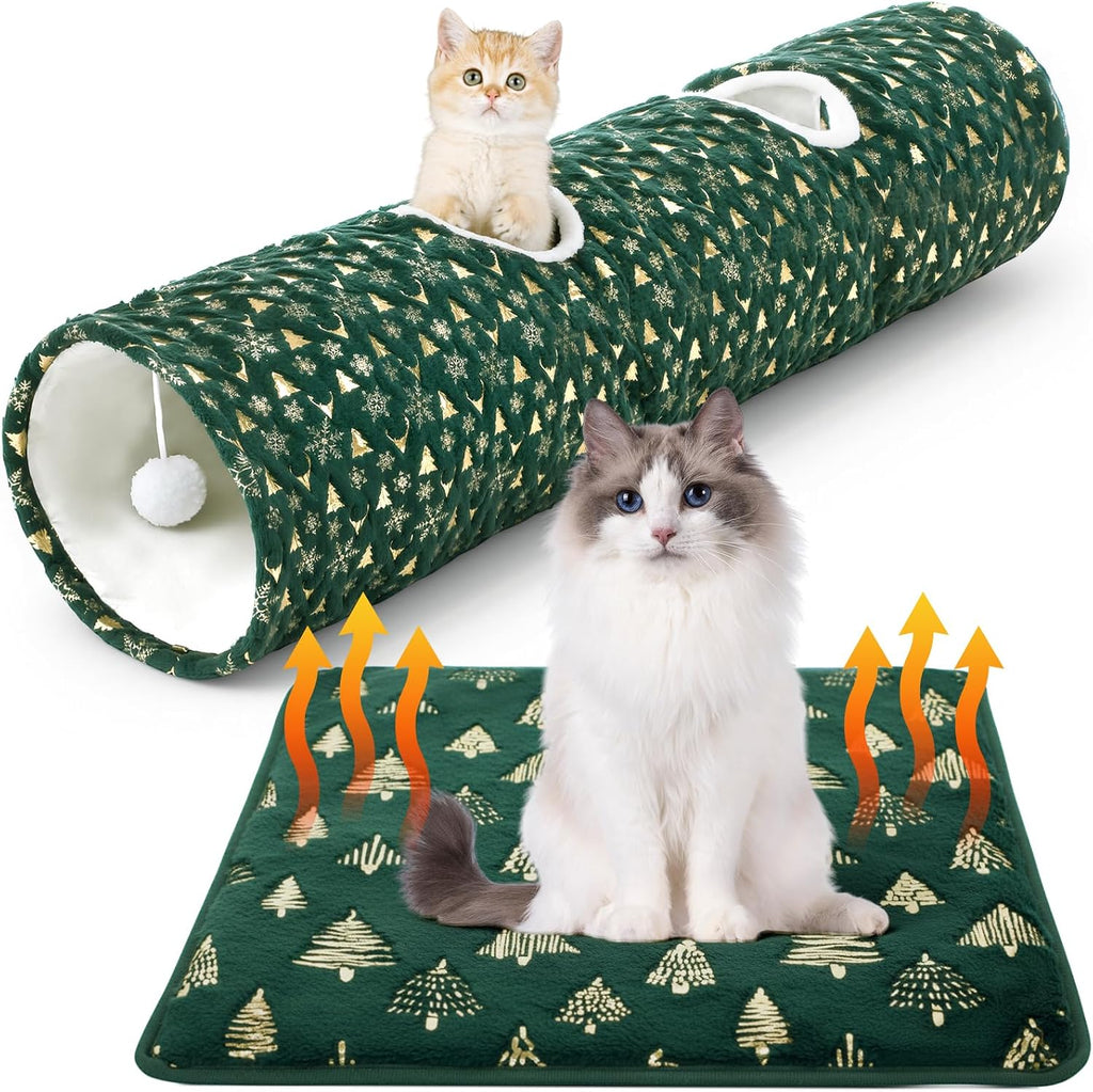 Thyle 2 Pcs Christmas Cat Tunnel & Self Heating Pad, Indoor, 49×12 in Green