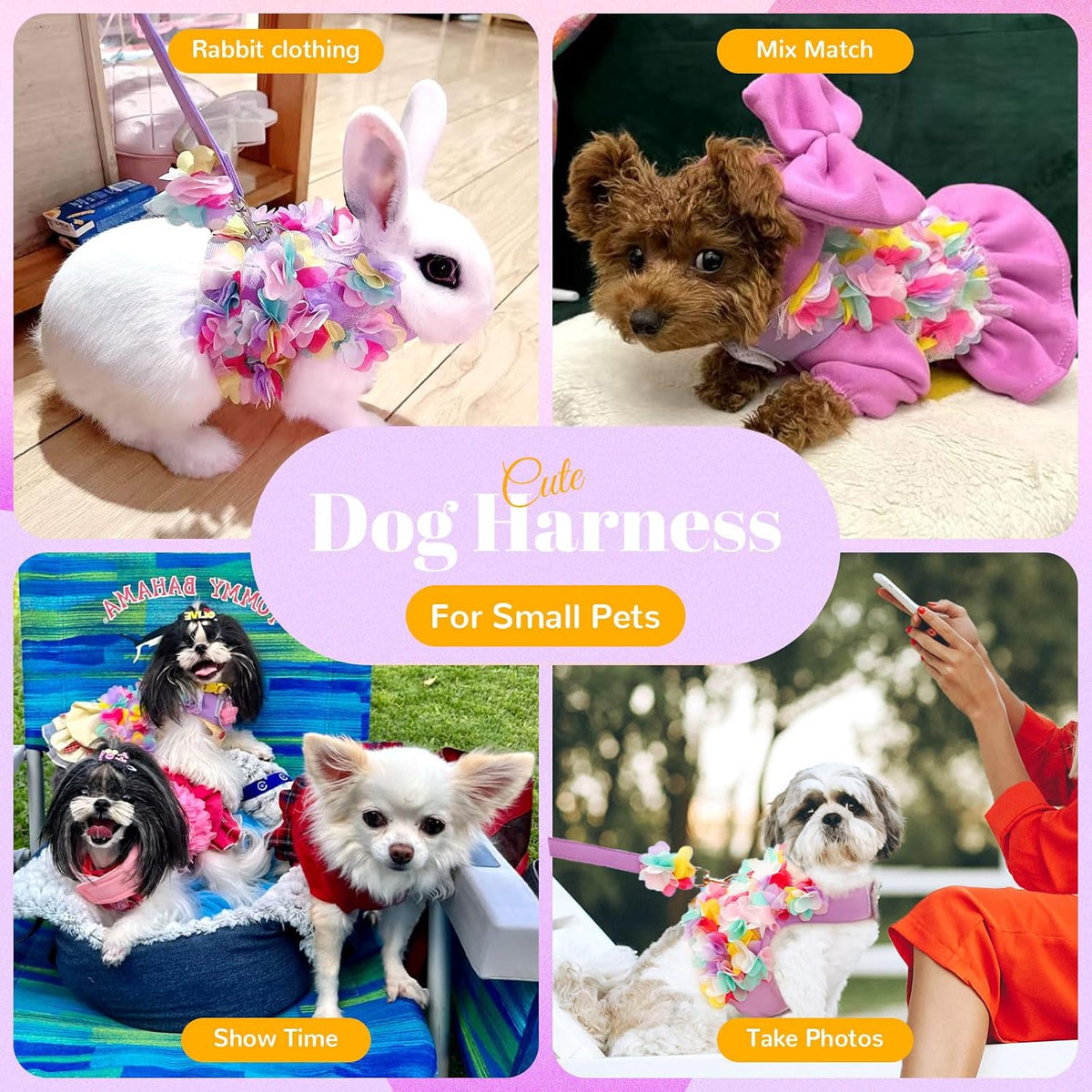 Cute Small Dog Harness and Leash Set Purple Lace Floral Girl Puppy Harness for Small Dogs Cats Soft Mesh Dog Vest Harness Escape Proof Pet Cat Harness Outfits