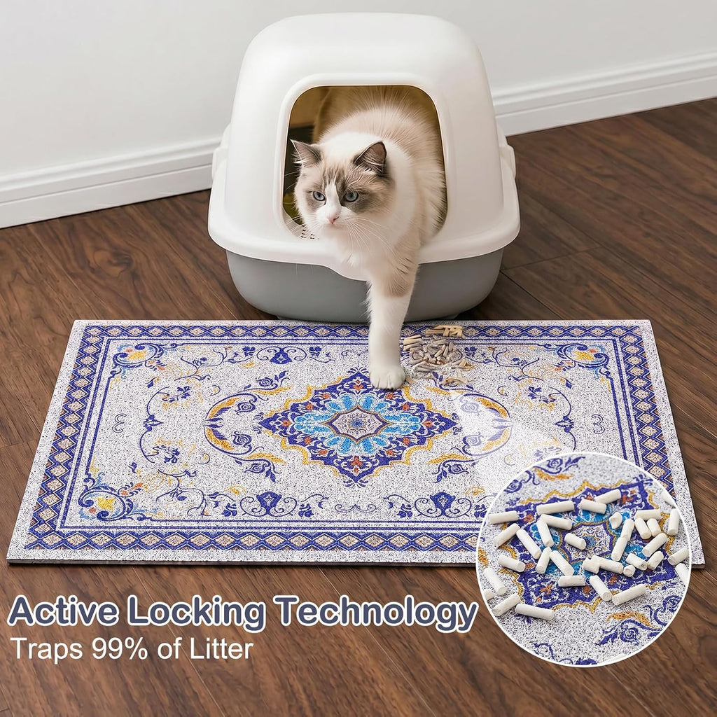 Glittme Cat Litter Mat with Non-Slip Bottom Litter Box Mat 40"x30" Litter Trapping Mat Easy to Clean Washable Cat Food Mat for Kitty,XL