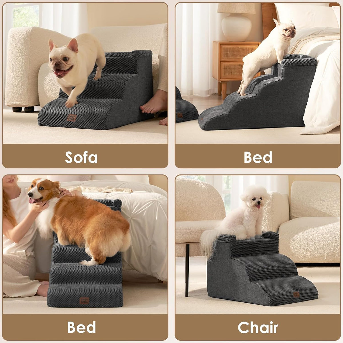 EHEYCIGA 4-Step Curved Dog Stairs for Beds 17.6" H, Grey