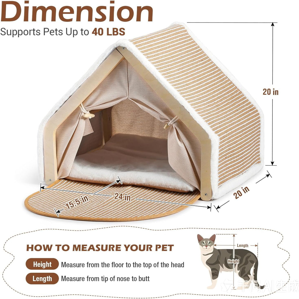 Cat House Indoor, 3-in-1 Wicker Cat Condo Scratcher Cave