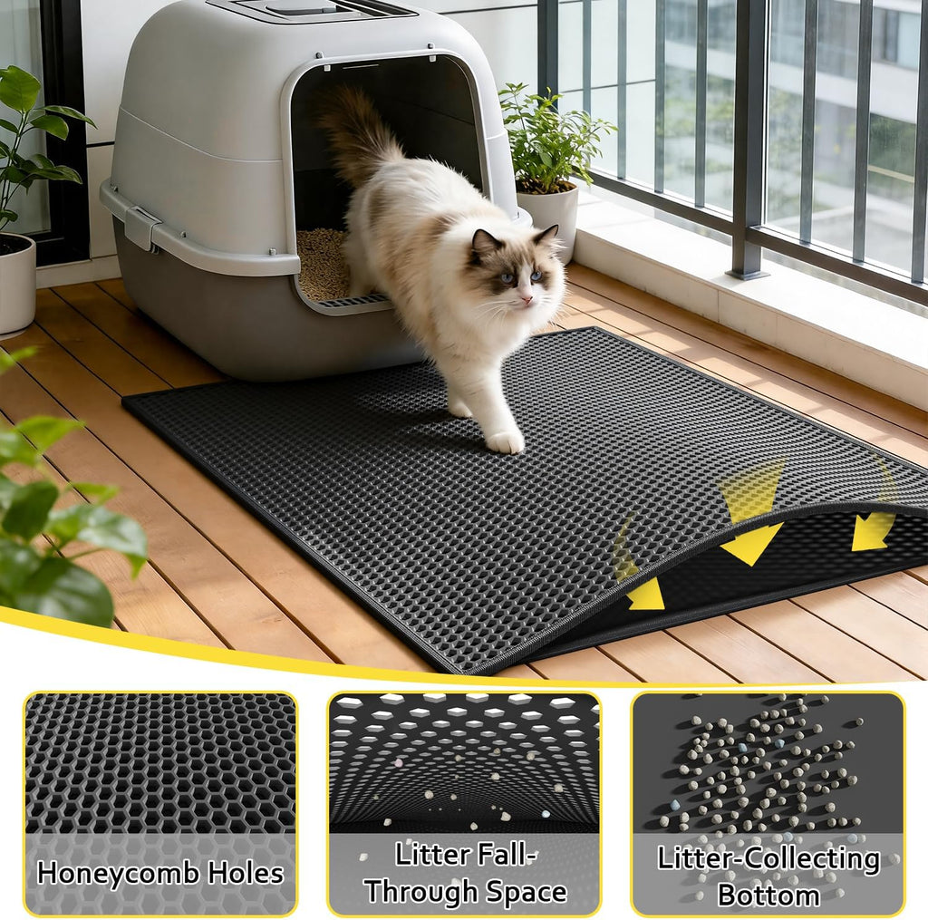 Cat Litter Mat, 30"x24", Waterproof, Easy to Clean (Black-1Pack) | Double-Layer Honeycomb for Effective Litter Trapping, Premium Durable EVA, Non-Slip, Paw-Friendly Soft Surface