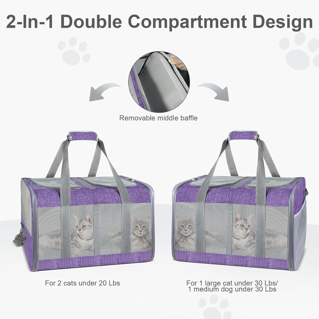 Soft-Sided Cat Carrier for 2 Cats, Gray, Breathable Mesh Design, Airline Approved Travel Bag for Small to Large Cats, Expandable with Shoulder Strap (Purple)