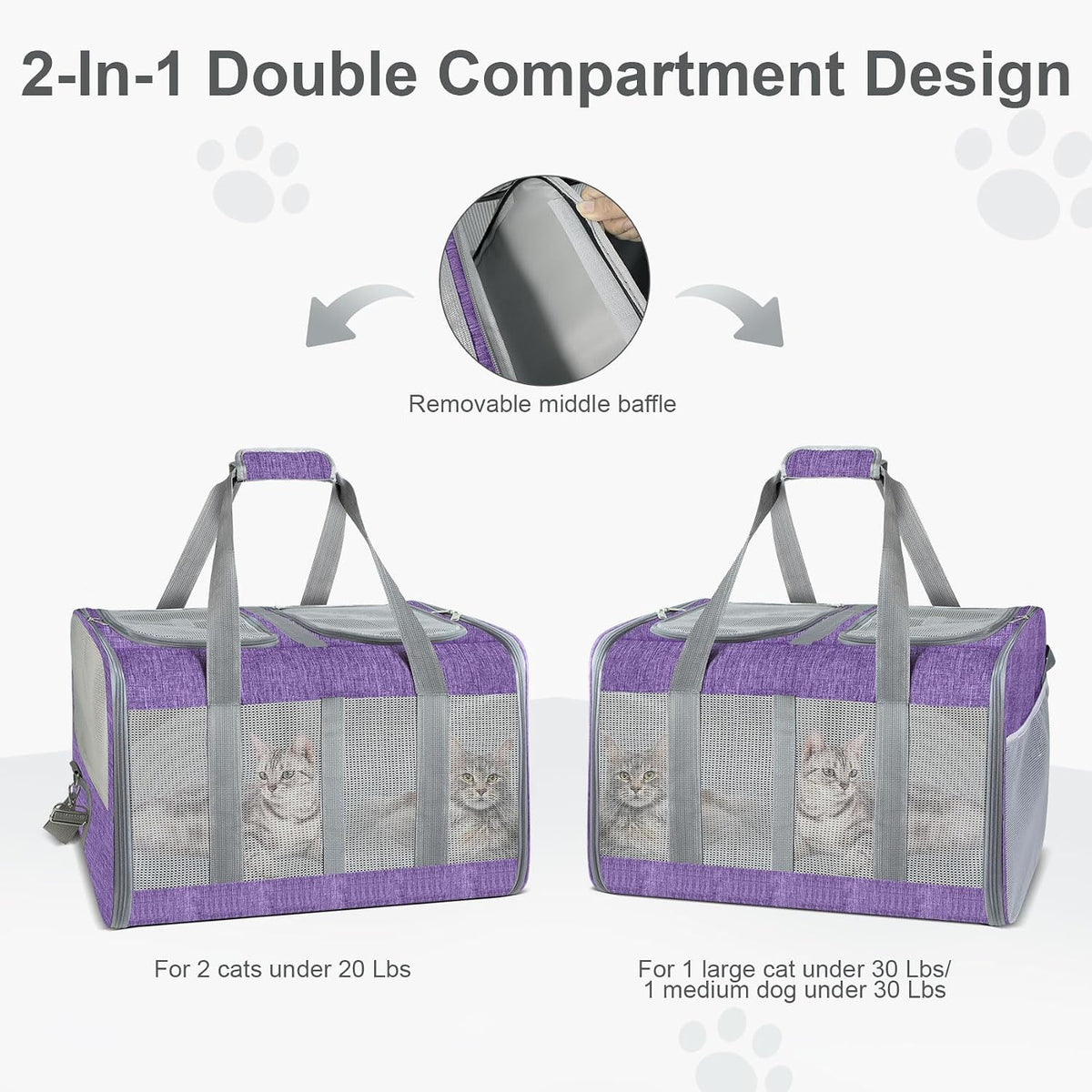 Soft-Sided Cat Carrier for 2 Cats, Gray, Breathable Mesh Design, Airline Approved Travel Bag for Small to Large Cats, Expandable with Shoulder Strap (Purple)