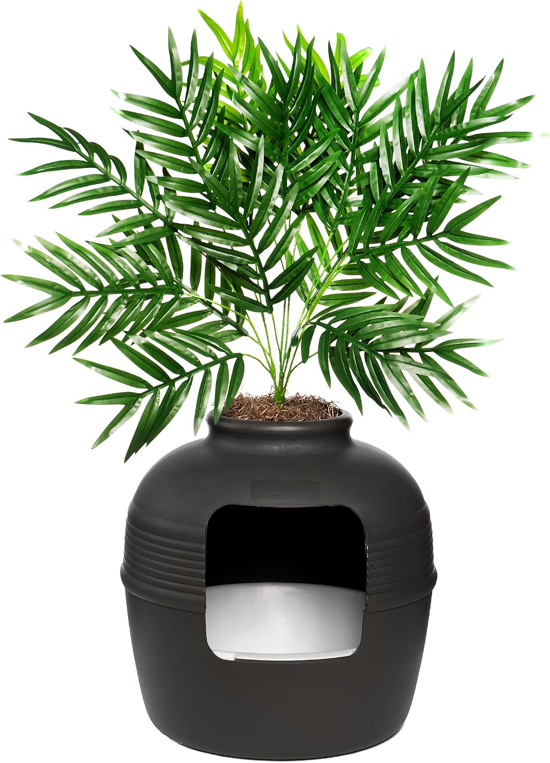 Good Pet Stuff Original Hidden Litter Box Planter, Decorative Cat Litter Enclosure, Carbon Filter, Faux Plant, Easy to Clean, Round Design, Removable Tray, Essentials Kit, Palm Plant, Charcoal Black