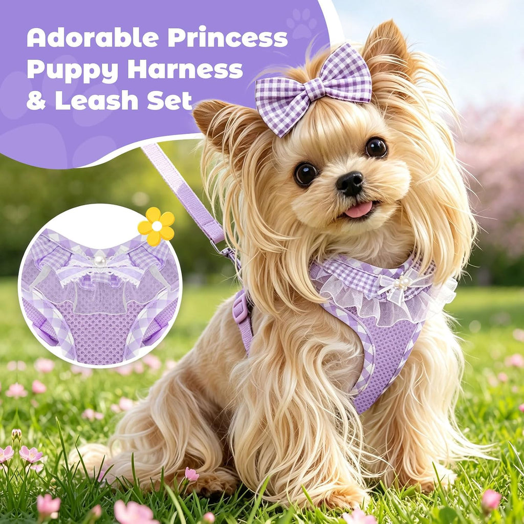 ABRRLO Cute Puppy Harness and Leash Set for Small Dogs Cats Girls,Purple S