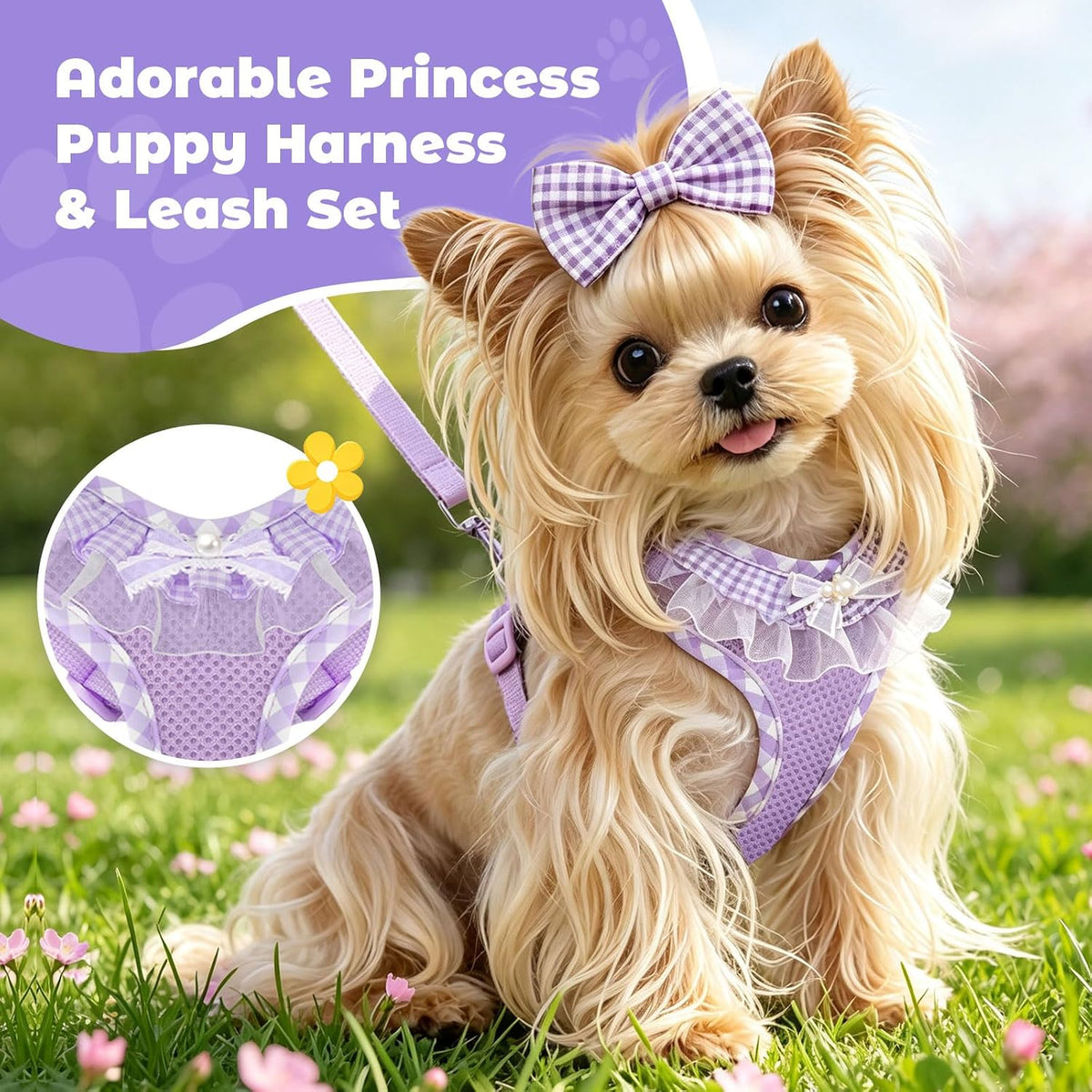 ABRRLO Cute Puppy Harness and Leash Set for Small Dogs Cats Girls,Purple S