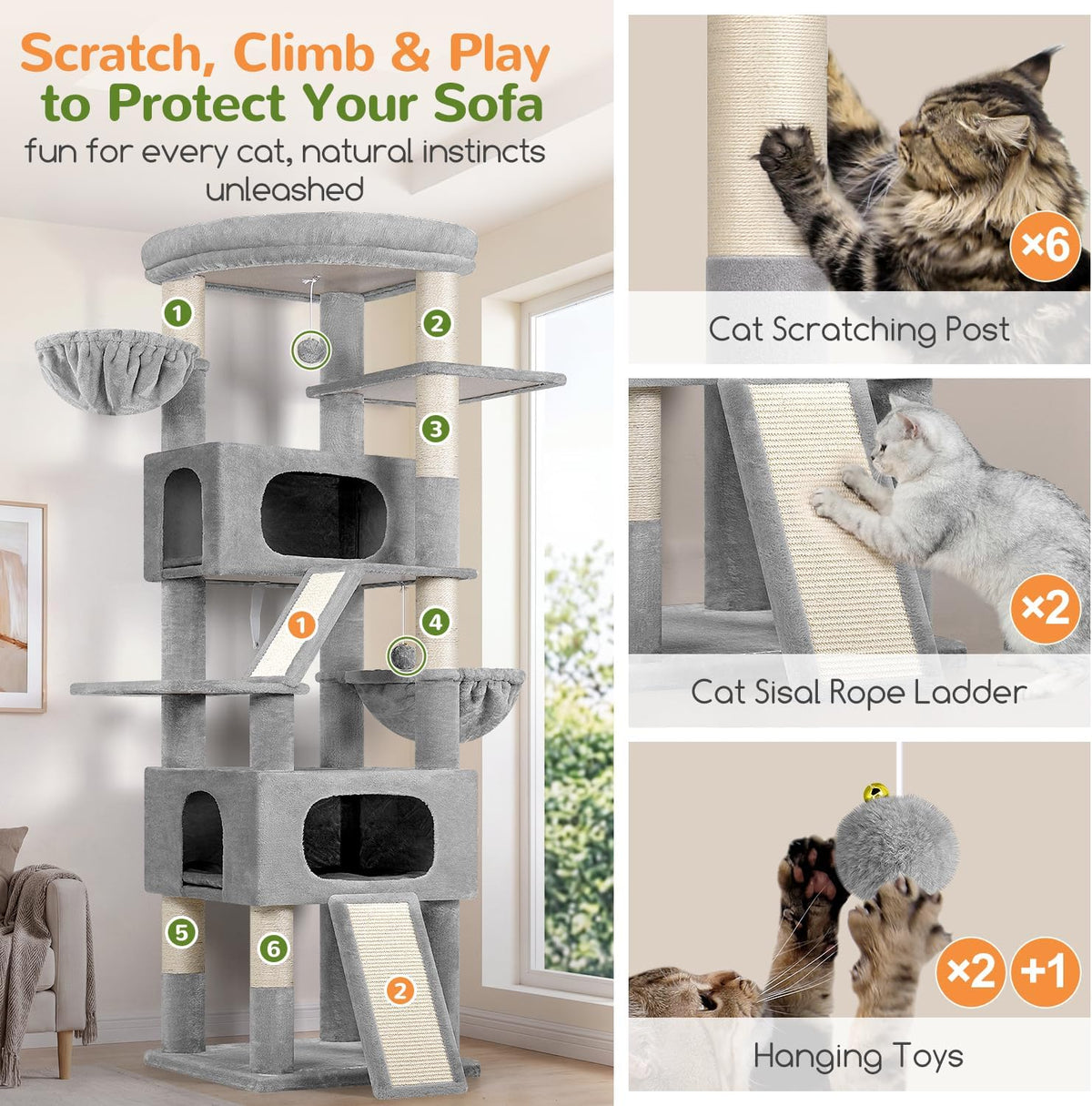 Globlazer Maine Coon Cat Tree for Indoor Large Adult Cats, S80H, Light Grey