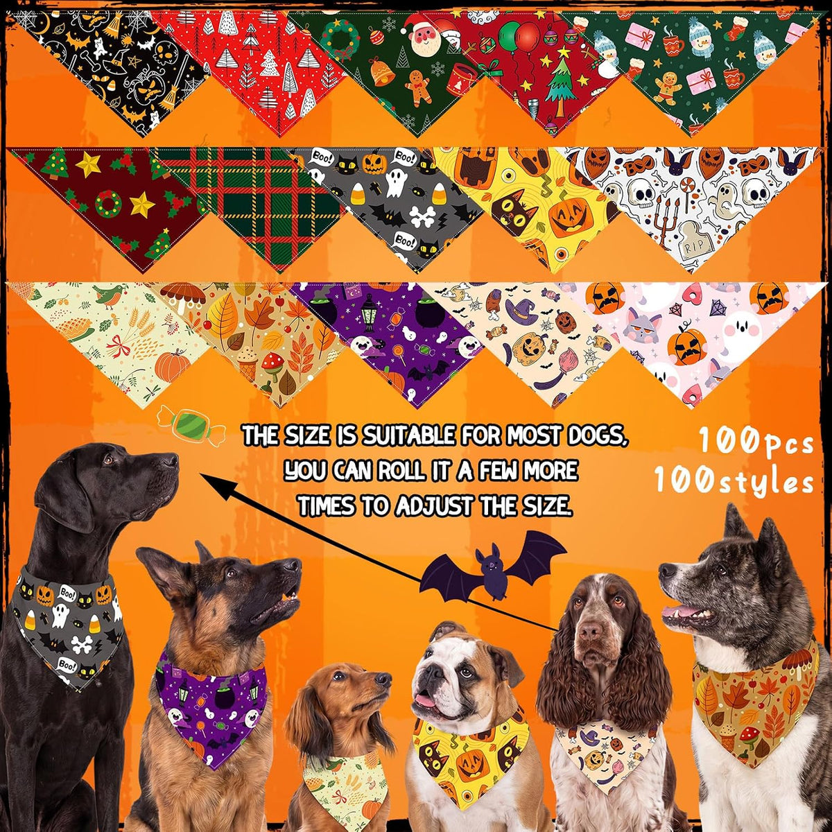 Huhumy 100 Pcs Fall Halloween Dog Bandanas Bulk Seasonal XL Dog Bandanas