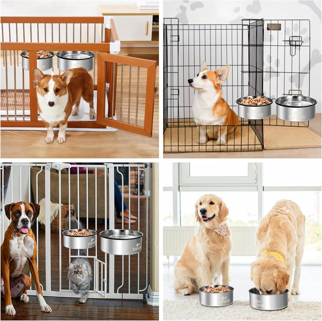 Kennel Bowls Mountable in Crate Kennel Cage (6.2x2.6” & 5.5x2.4”) | 34oz & 25oz Stainless Steel Dogs Bowls, Dog Food and Water Bowl for Dog Crate, 2 Pack, Silver