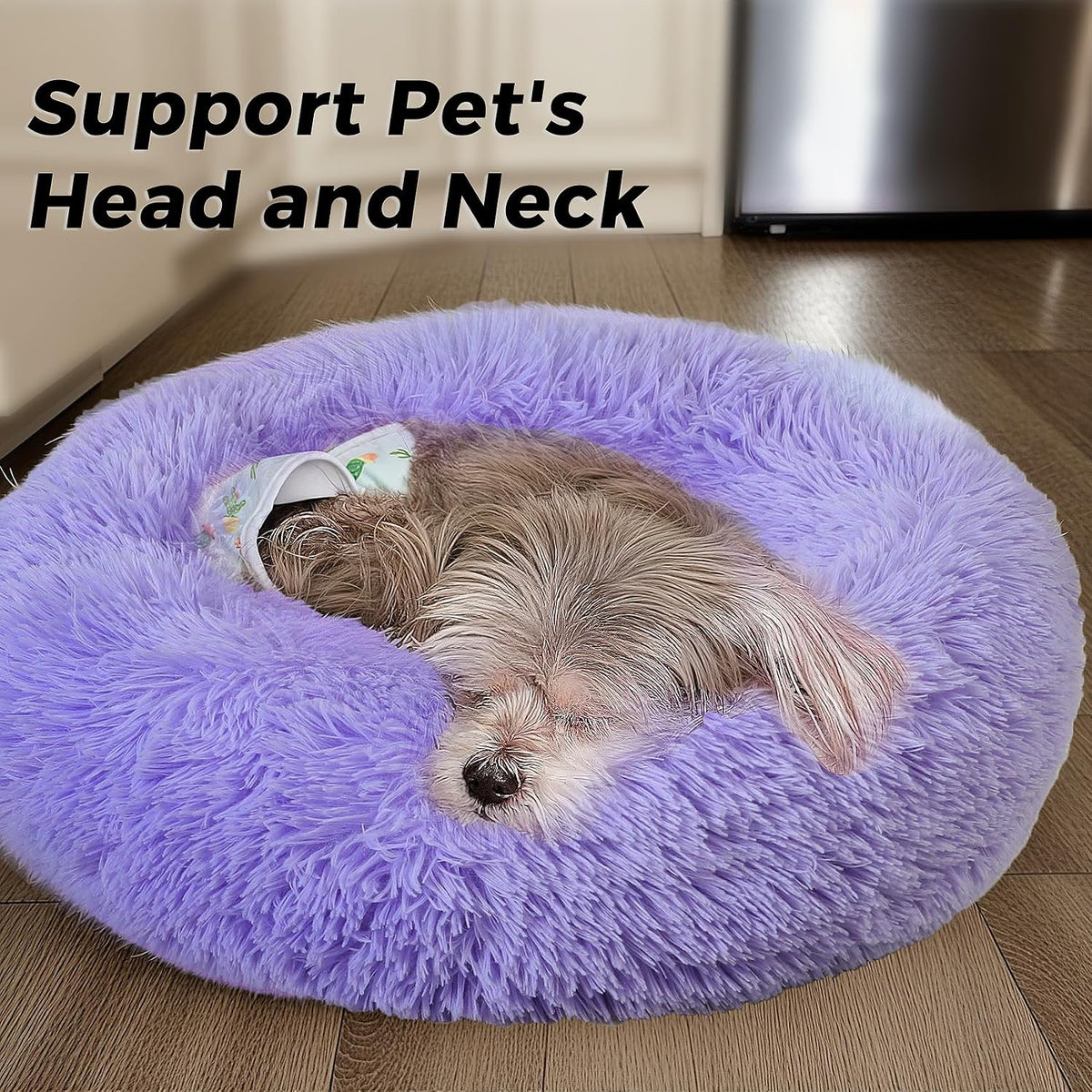 Calming Round Dog Bed & Cat Bed with Anti-Slip Bottom, Medium Size Washable Anti-Anxiety Donut Dog Beds for Small Dogs & Cats, Fluffy Plush Soft Dog Bed(24 Inch, Purple)