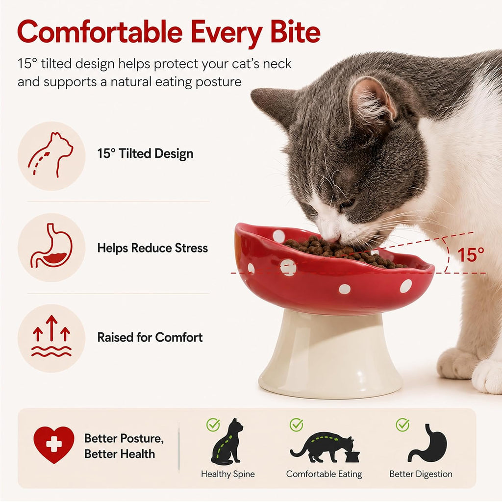 Red Mushroom Cat Bowl, Elevated Ceramic Bowl for Cats | Cute Mushroom, Elevated, Ceramic, Whisker Friendly, Wide Opening, Stable, Easy Clean