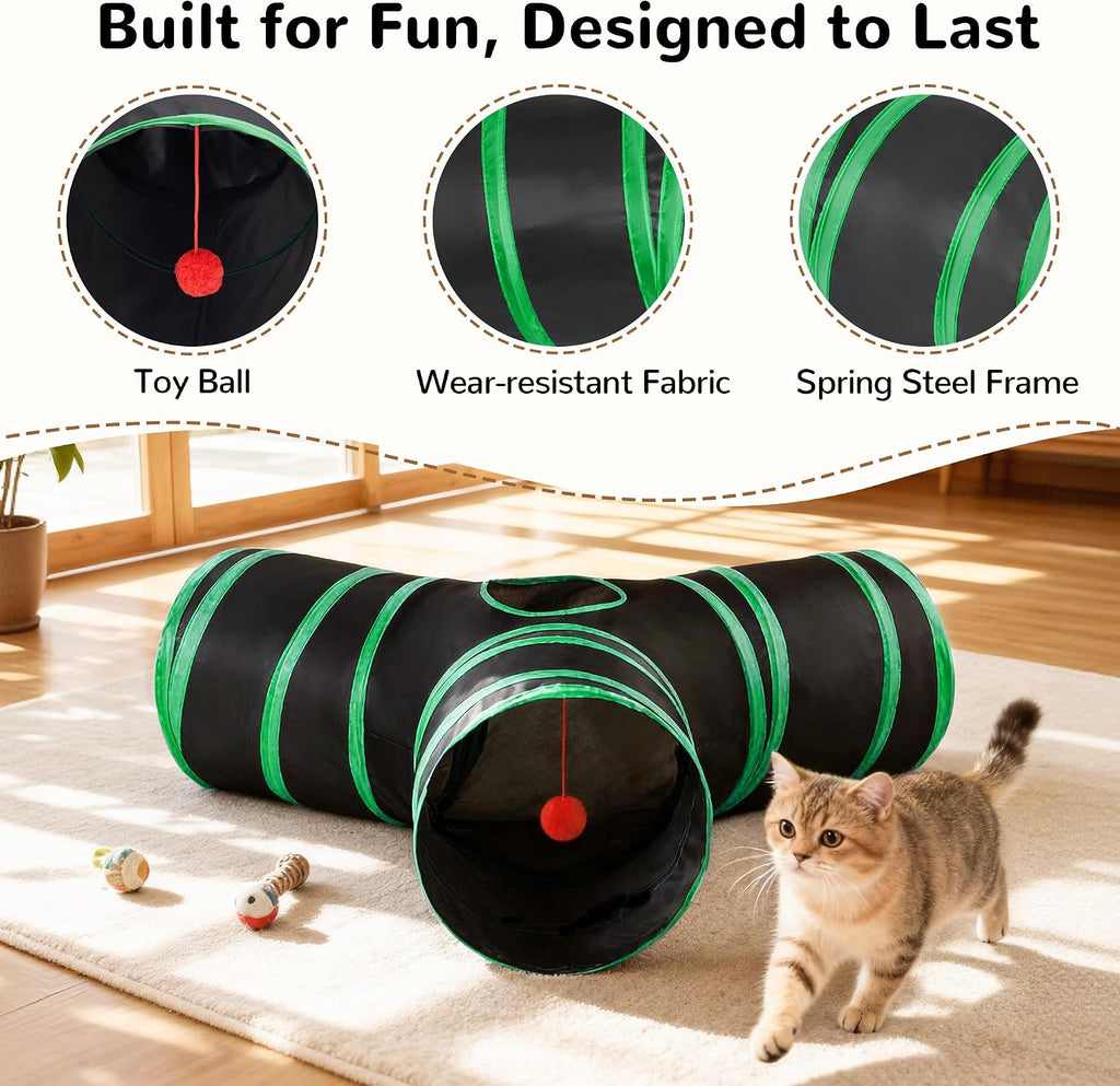 Tempcore Cat Tunnel, 3-Way Collapsible Toy for Indoor Cats, Black & Green | 3-Way Cat Tunnel with Peek Holes, Hanging Ball and Teaser Wand, Collapsible Design for Play, Hiding, Chasing and Exercise
