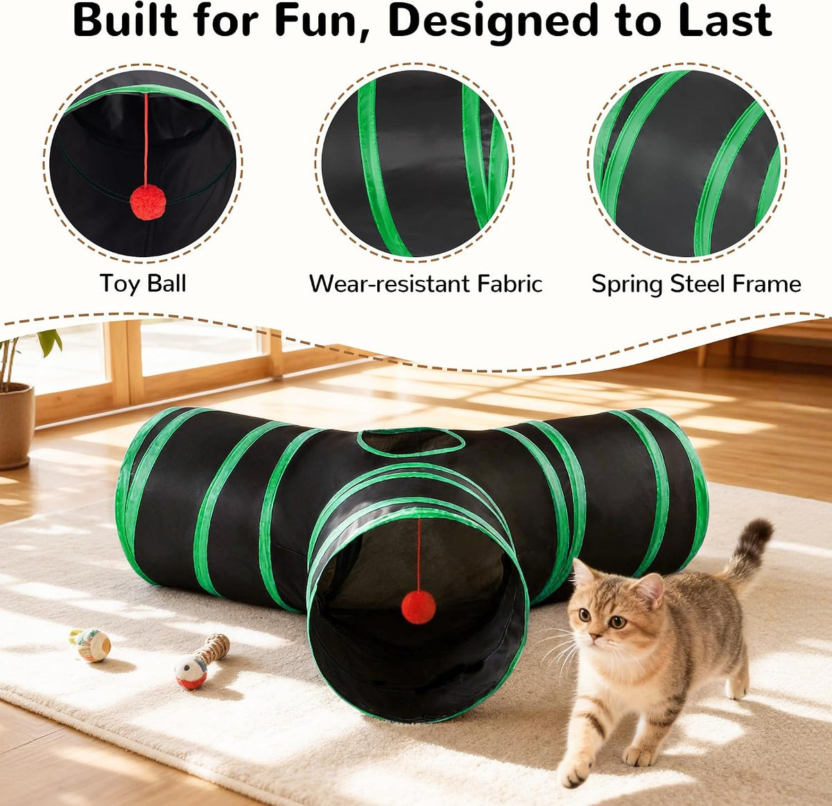 Tempcore Cat Tunnel, 3-Way Collapsible Toy for Indoor Cats, Black & Green | 3-Way Cat Tunnel with Peek Holes, Hanging Ball and Teaser Wand, Collapsible Design for Play, Hiding, Chasing and Exercise