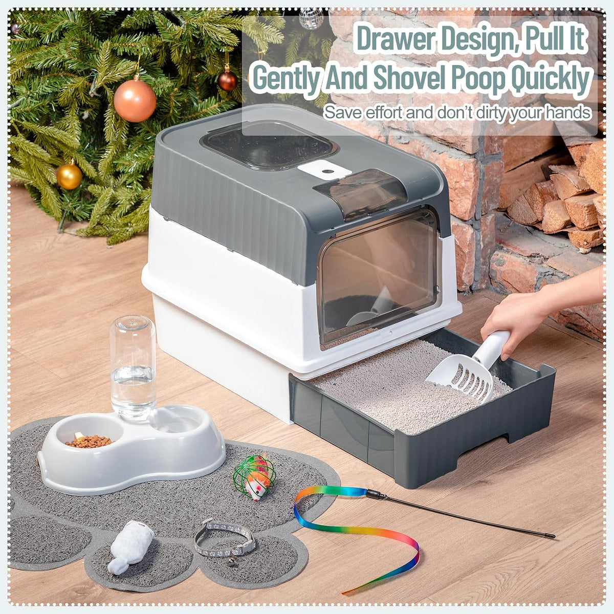 Tioncy 7 Pcs Kitten Litter Box Starter Kit, Enclosed with Shovel, Gray