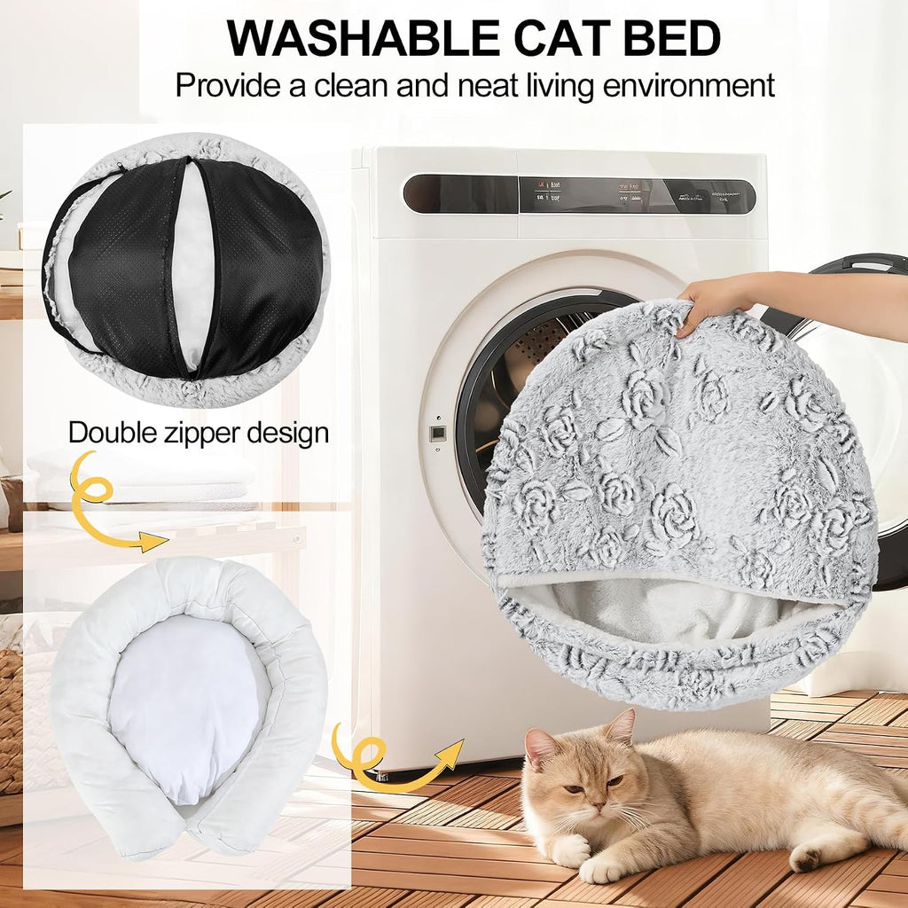 Calming Dog Beds & Cat Cave Bed with Hooded Cover,Removable Washable Round Beds for Small Medium Pets,Anti-Slip Faux Fur Fluffy Coved Bed for Improved Sleep,Fits up to 15/25 lbs(Rose,S)