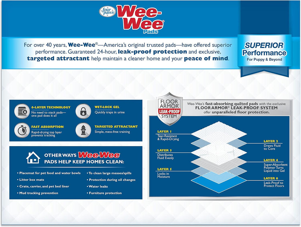 Four Paws Wee-Wee Superior Performance Dog Pee Pads, 100 Count | Quilted leak-proof puppy pads, dog housebreaking & potty training, 24-hour floor protection, pet supplies, 22" x 23"