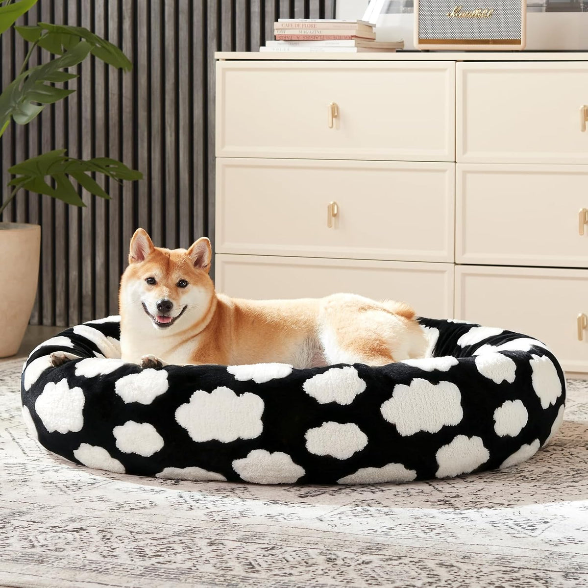 JOEJOY Jacquard Donut Round Dog Beds Medium Sized Dog,Black 30x30x8in, Removable Washable Cover, Cute Pattern, Ultra Soft Fluffy Calming Pet Bed with Thick Supportive Bolster
