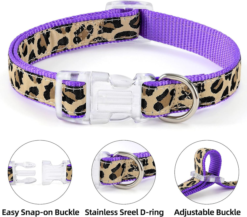 Mile High Life Leopard Dog Harness Collar Leash Set, Adjustable No Pull Dog Halter Harness for Small Breed Dogs, Easy Control for Training Walking (Purple, M Chest 15"-21", Neck 13"-17")