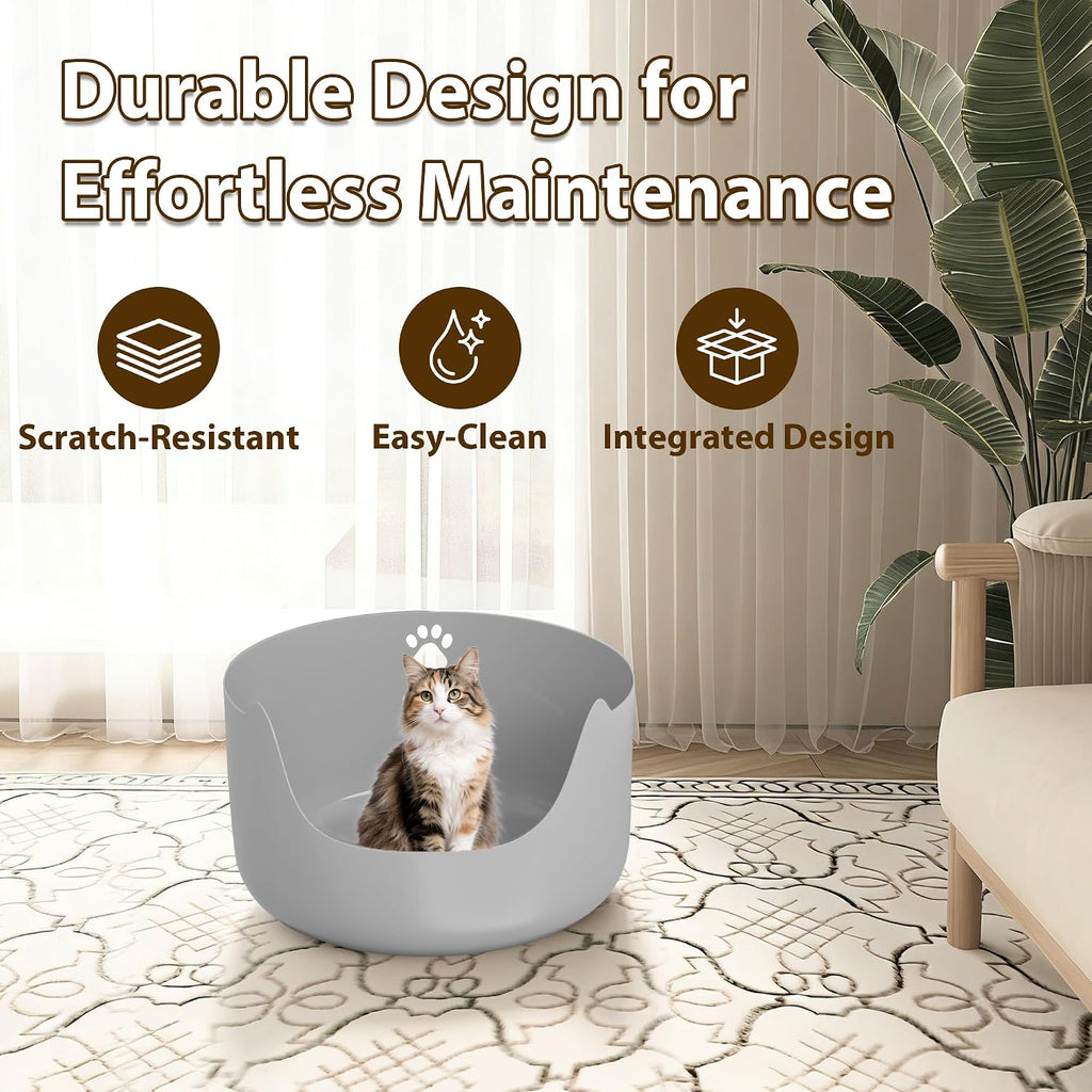 High Sides Low Entry Large Litter Pan (21.6x21.6x13.1 Inches), All-in-One Easy to Clean Plastic Litter Box for Kittens, Elderly & Large Cats, Doubles as Stylish Cat Bed, Grey
