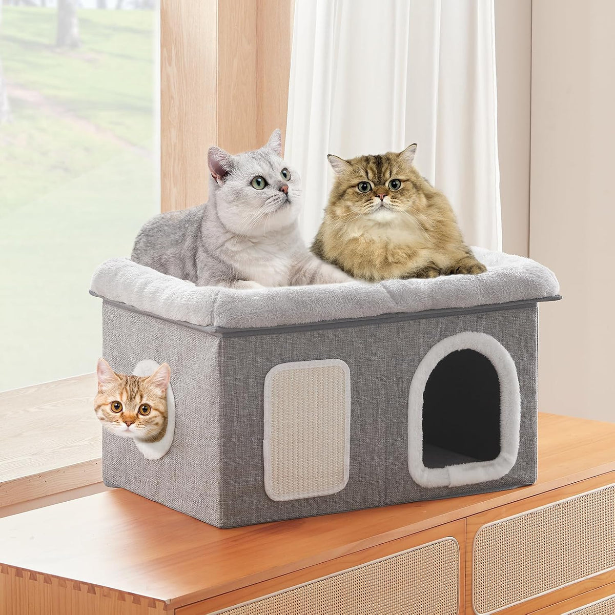 WINDRACING Cat Beds for Indoor Cats - Extra Wide Cats House for Pet and Foldable Kitten Cave Bed with Scratch Pad, Cat Hideaway Condo for Kitten, 25x16.9x14.2 inches, Light Grey