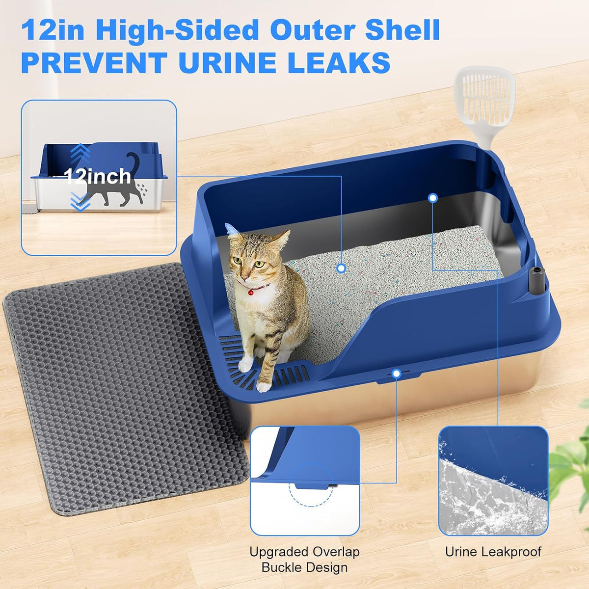 Non-Stick Stainless Steel Litter Box, XL Side Open Splash-Proof (Blue)
