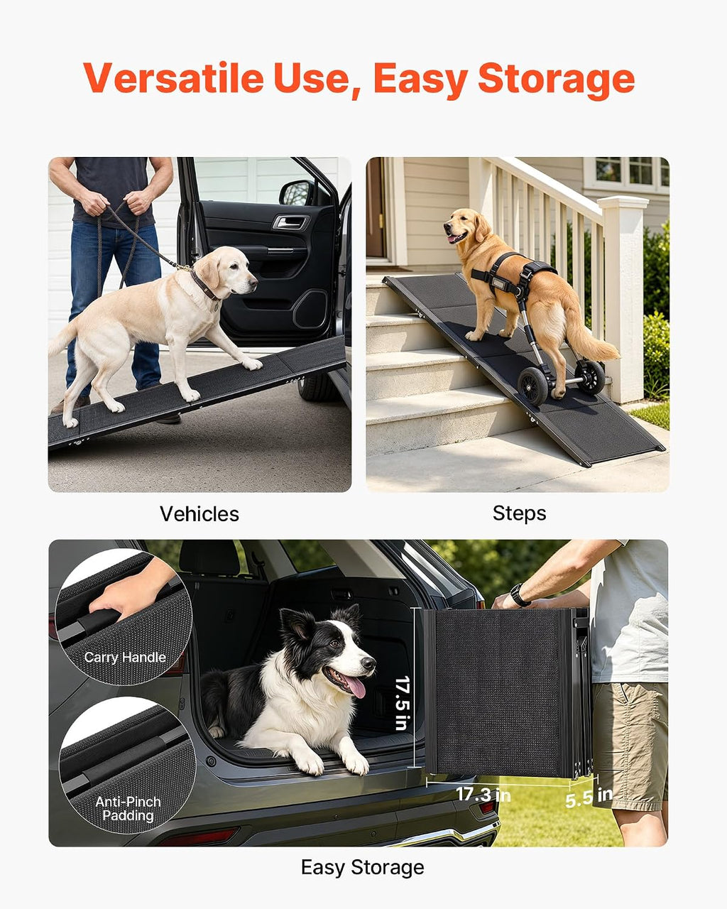 VEVOR Dog Ramp for Cars, 63" L x 17" W, Folding Pet Ramps for Medium & Large Dogs up to 250lbs, Pet Stair Ramp with Non-Slip Oxford Fabric Surface, Portable Outdoor Dog Car Ramps for SUV & Truck