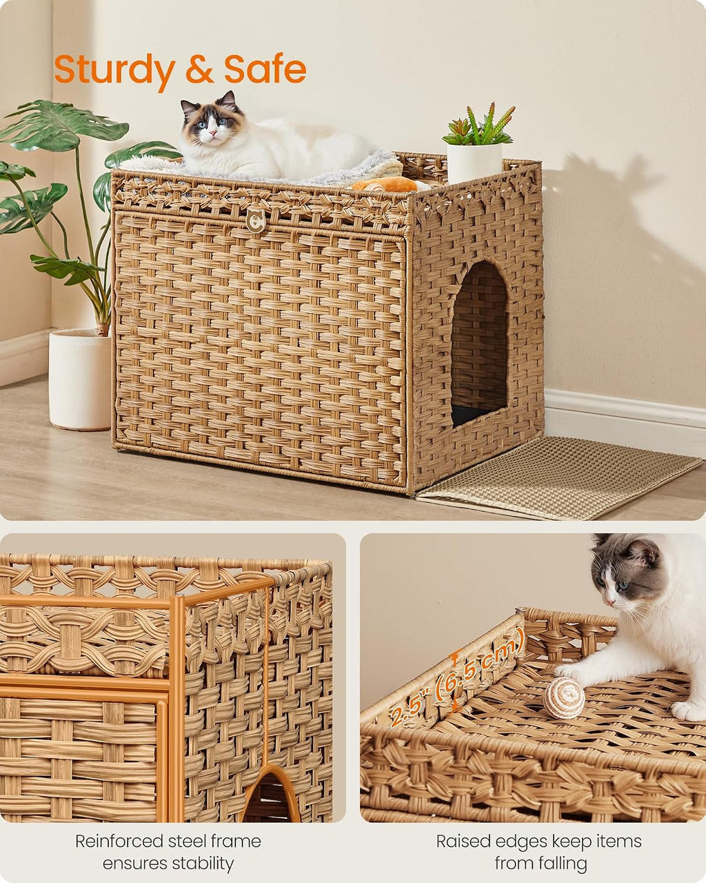 Feandrea Cat Litter Box Enclosure, Handwoven Rattan End Table, Extra Mat