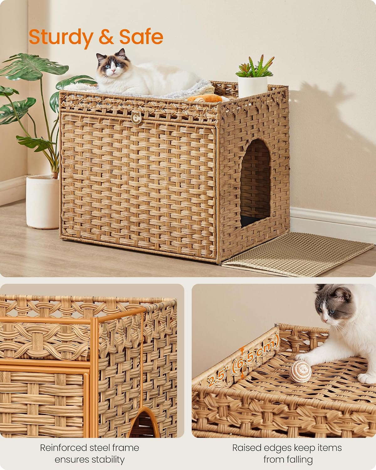 Feandrea Cat Litter Box Enclosure, Handwoven Rattan End Table, Extra Mat