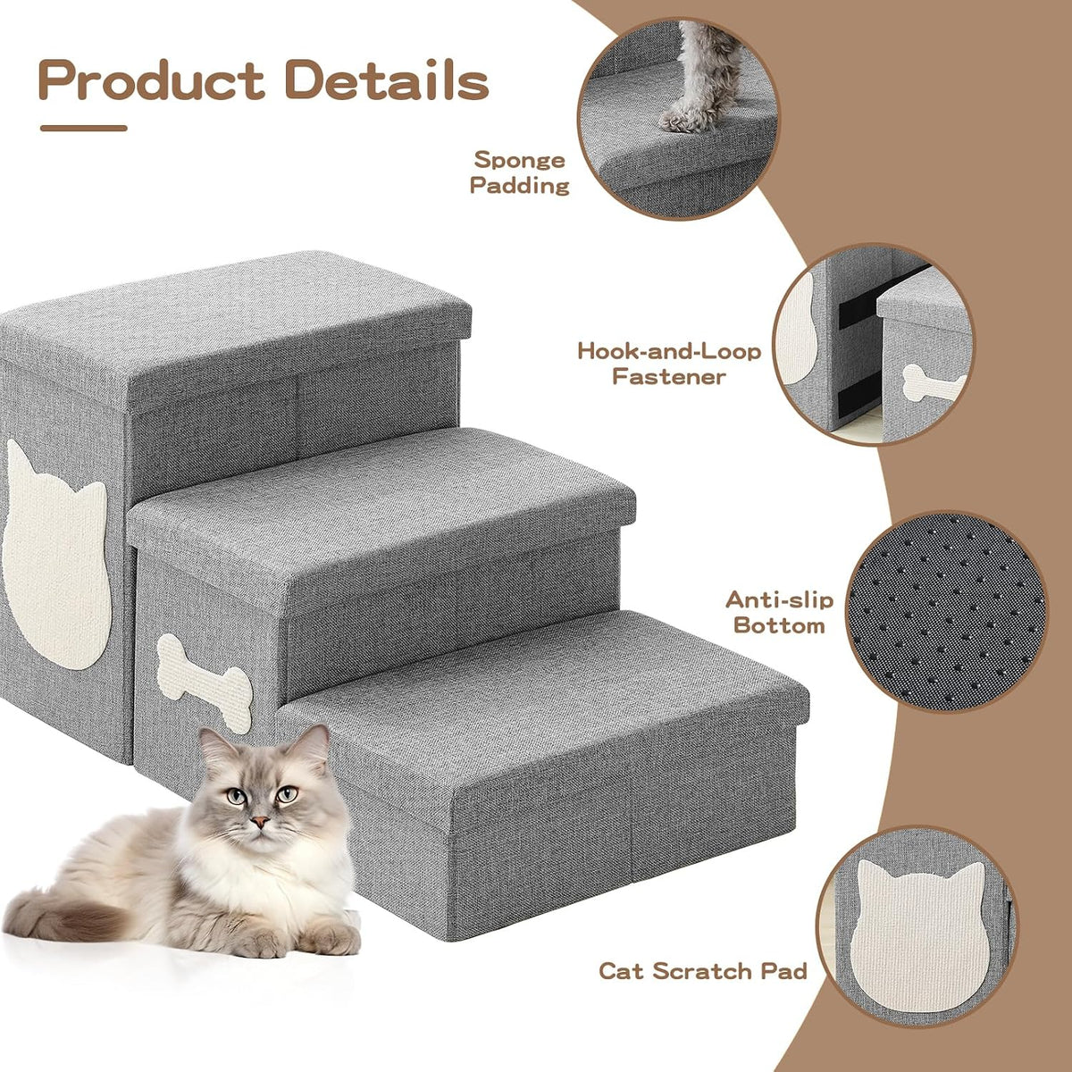 3-Step Dog Stairs for Small Dogs, Folding Dog Steps for Bed, Grey