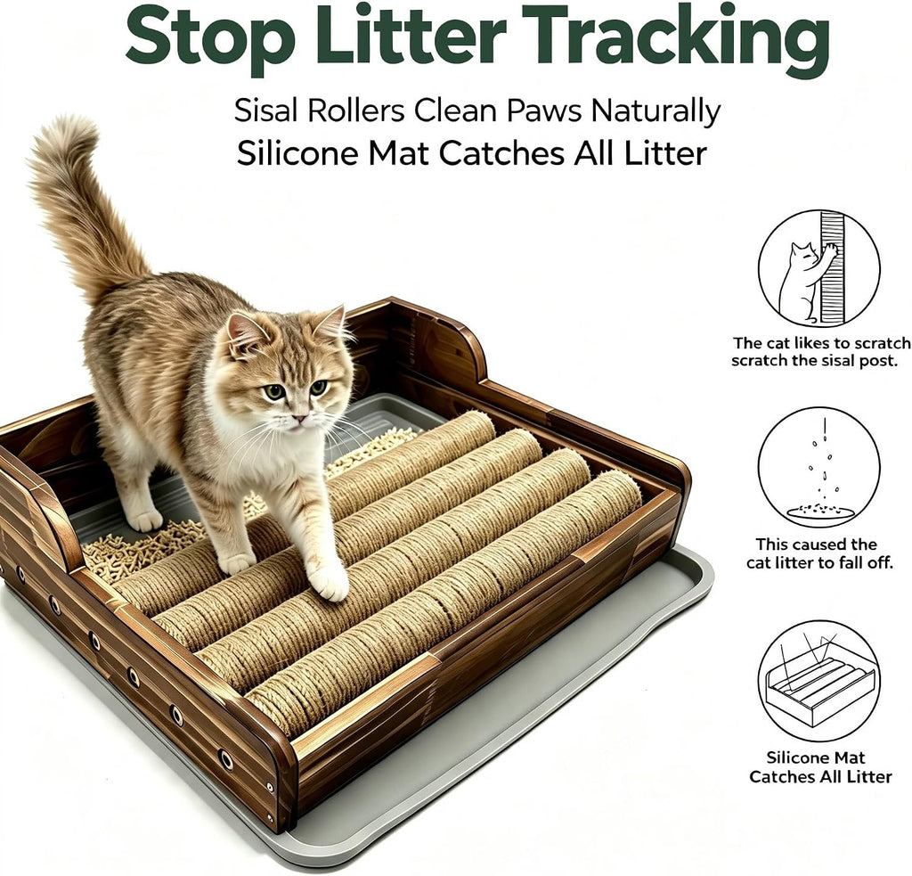 Cat Litter Box Step with Sisal Scratching Post Litter Catcher Mat (Natural) | Multi-Purpose Wood Anti-Tracking Cat Scratcher Bed Litter Box Ramp, Fits Standard Cat Litter Boxes