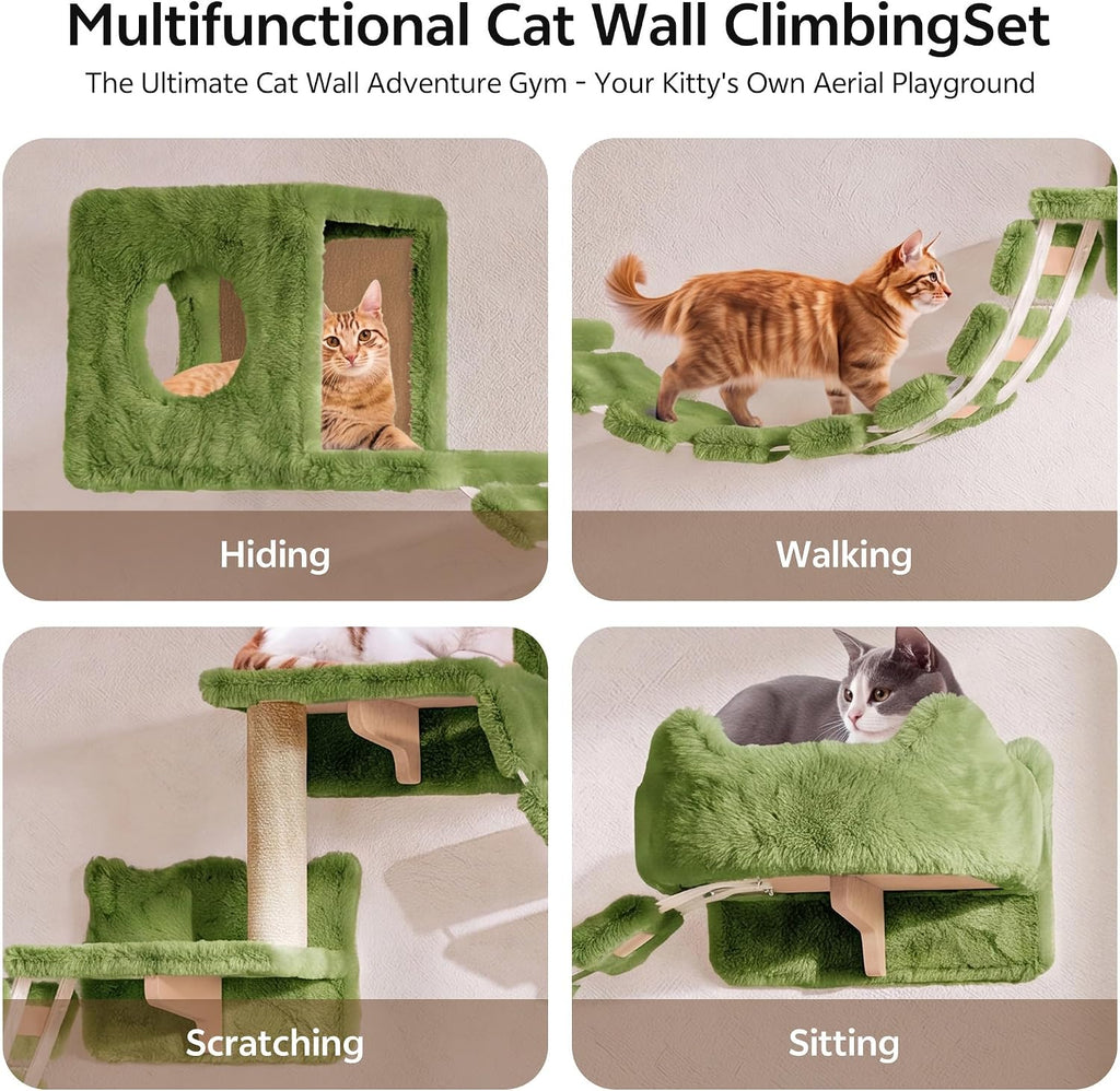 Cat Wall Furniture, 9 in 1 Cat Wall Shelves Set with Bridge, Green