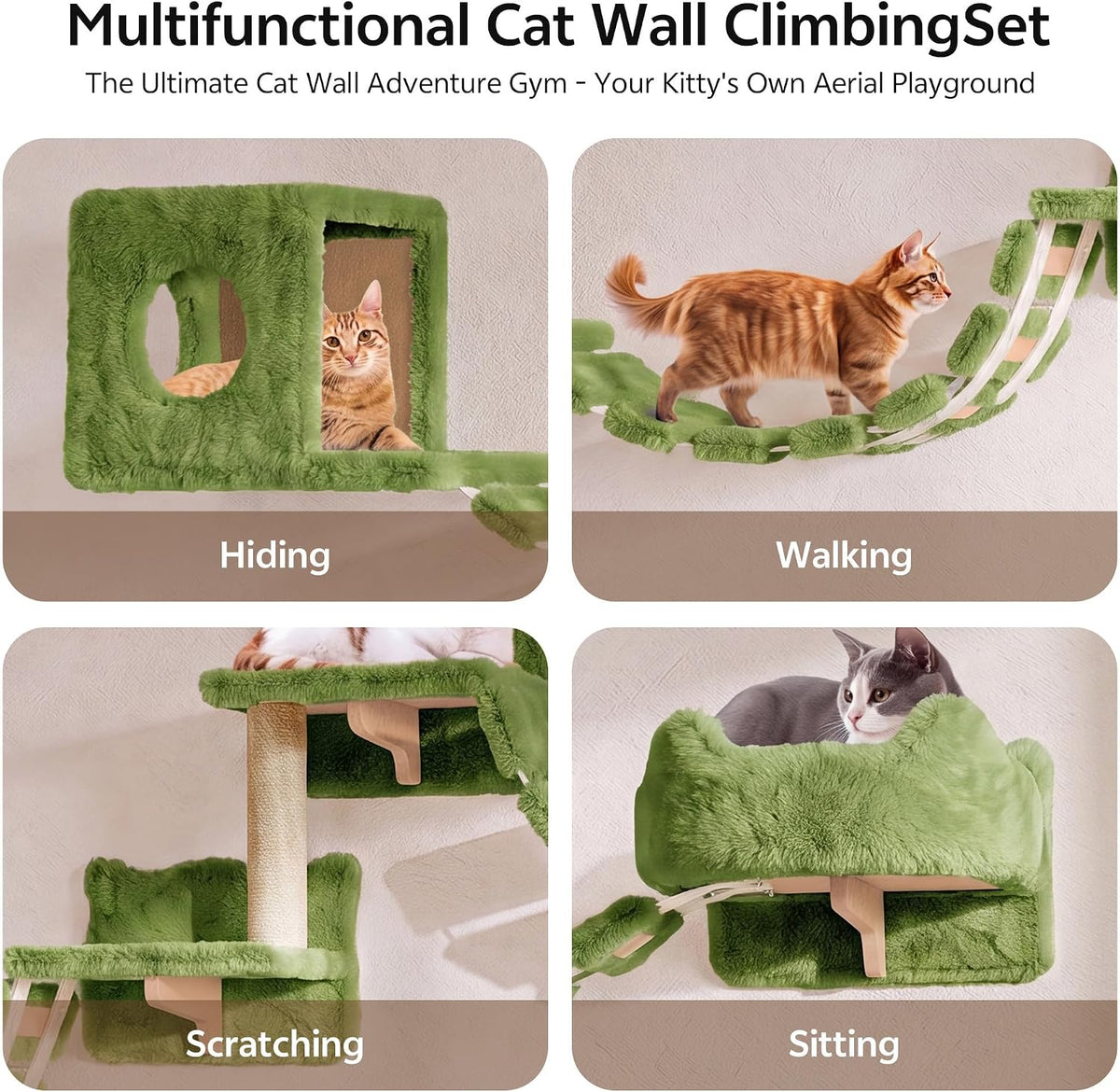Cat Wall Furniture, 9 in 1 Cat Wall Shelves Set with Bridge, Green