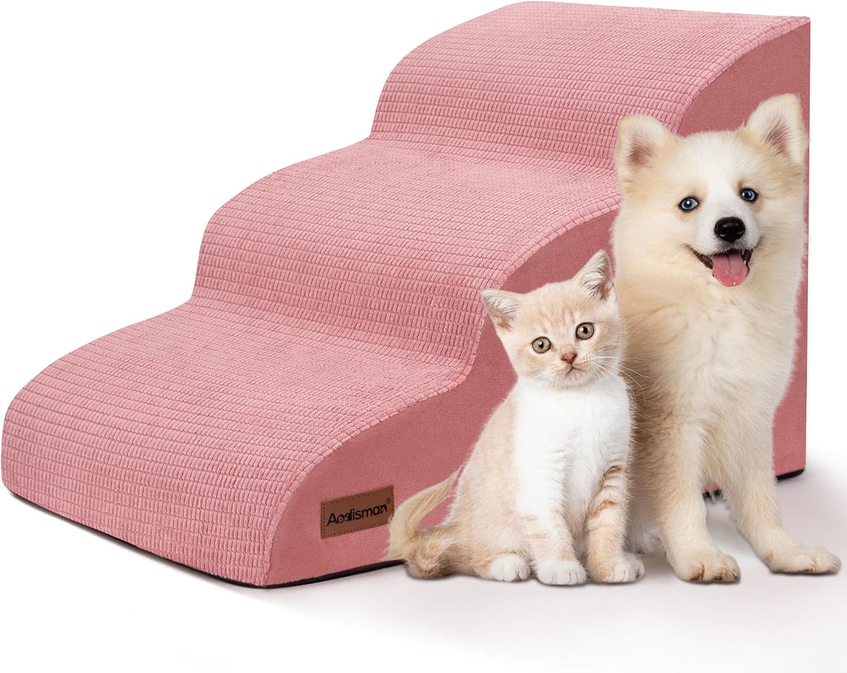 Dog Stairs for Small Dogs, 3-Step Pink Pet Ramp for Couch, Cats & Puppies