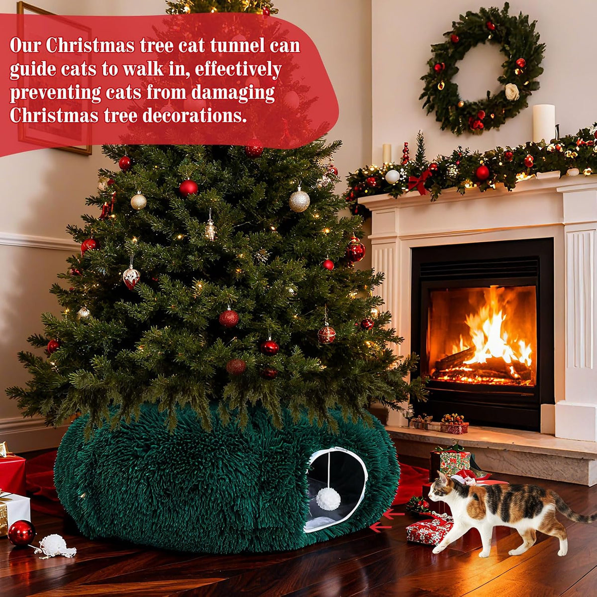 Christmas Tree Cat Tunnel 36 in Donut Bed, Green, Plush, Fluffy