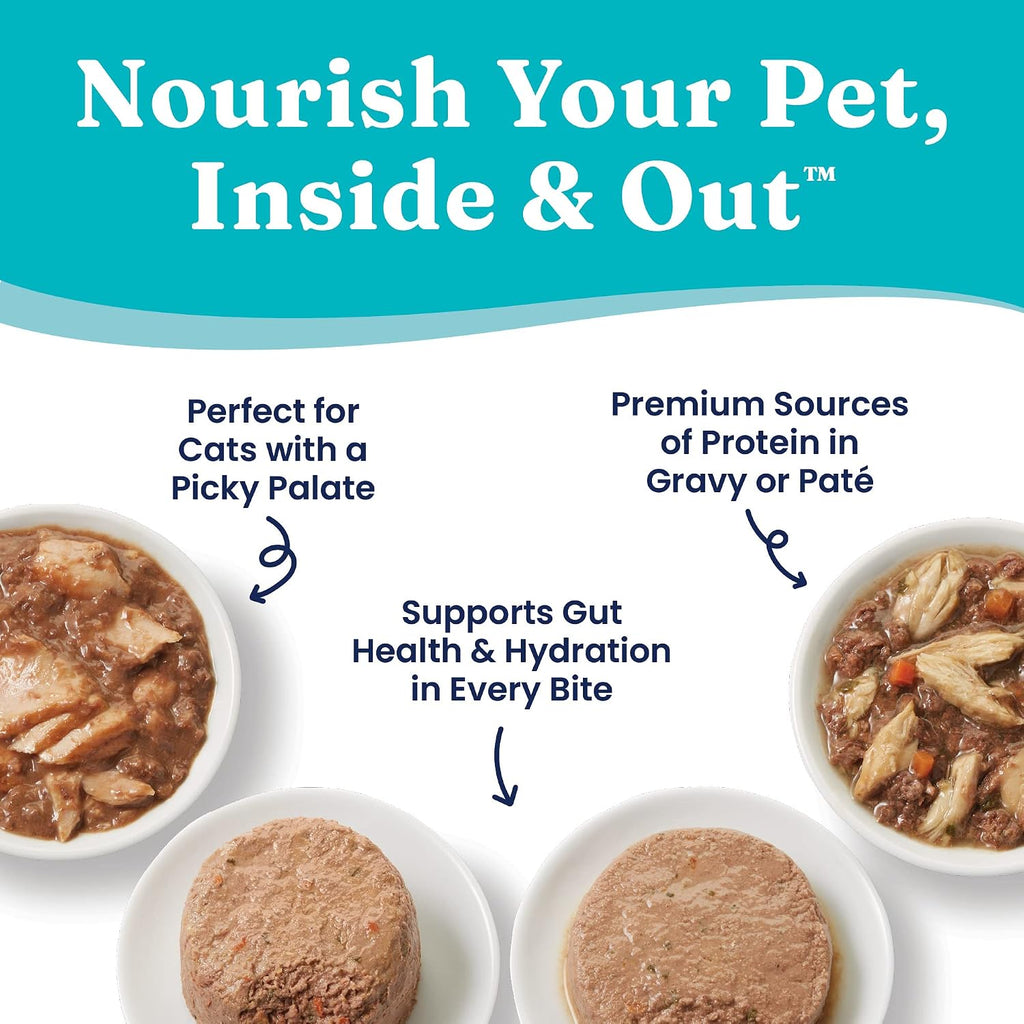 Solid Gold Let's Stay in - Dry Cat Food for Indoor Cats - Hairball & Sensitive Stomach Support - Salmon 6lb - Wet Cat Food Variety Pack - Wet Cat Food Pate & Shreds in Gravy Recipes - 12 Pack