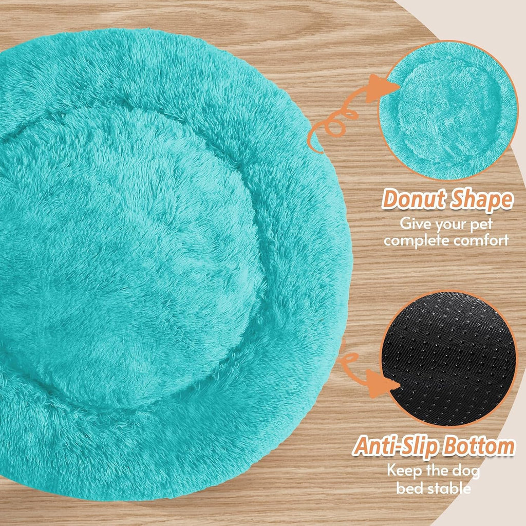 JOLLYVOGUE Calming Dog Bed Medium Size Dog, Anti-Anxiety Donut Medium Pet Bed, 27 inches Fluffy Faux Fur Round Cat Bed (Aqua Blue)