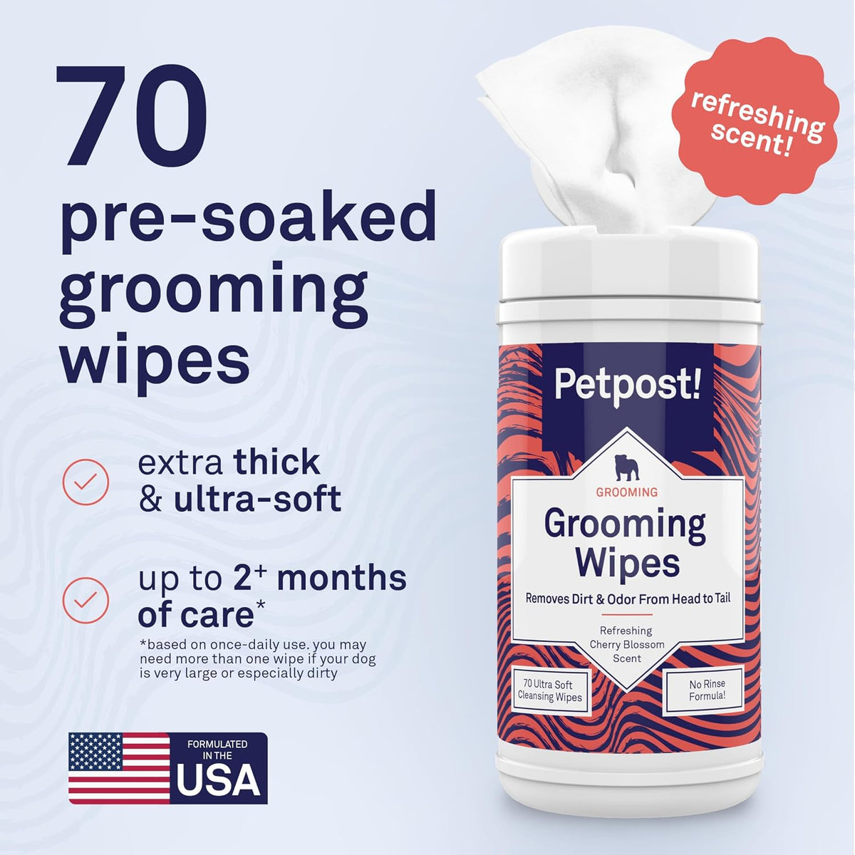 Petpost Large Grooming Wipes for Dogs | 70 Count Deodorizing Dog Cleaning Wipes with Coconut Extract & Aloe | Gentle Pet Wipes with Cherry Blossom Scent for Full-Body Grooming 