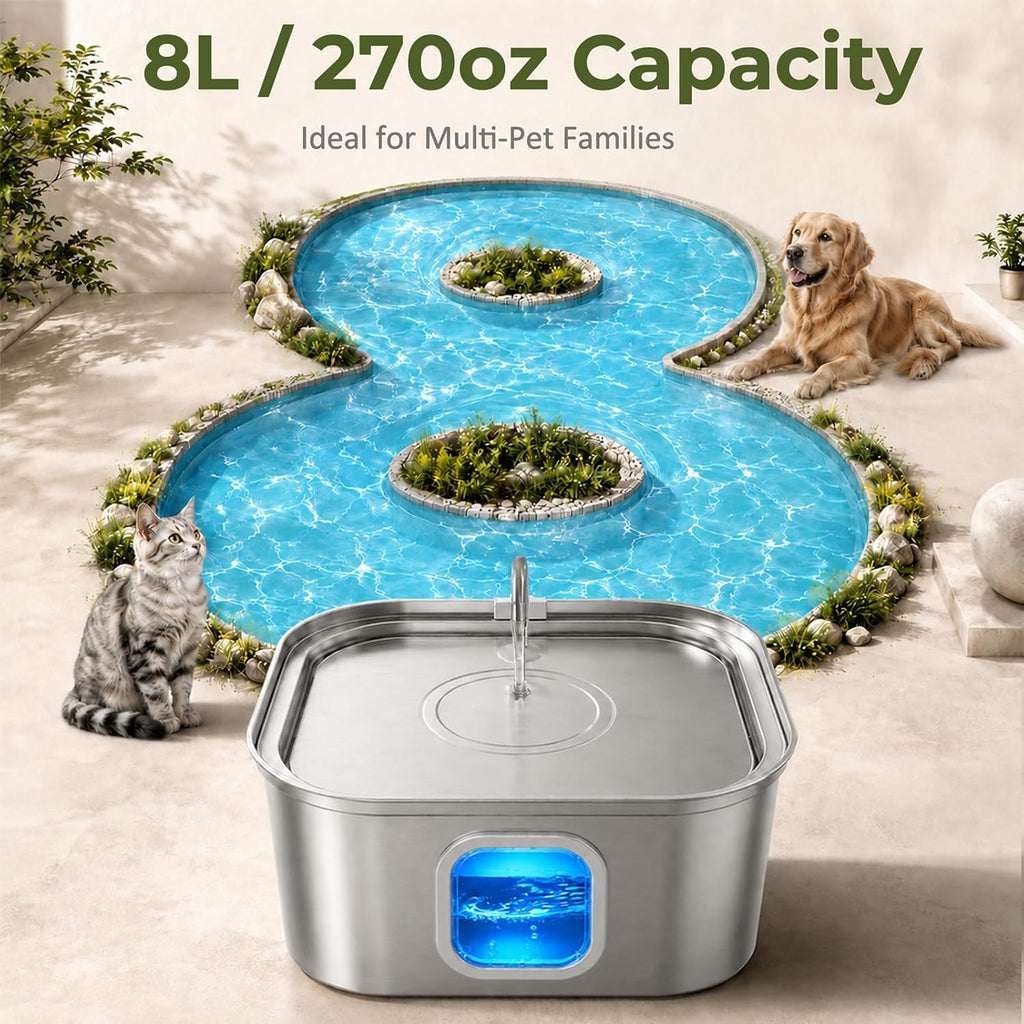 Dog Water Fountain for Large Dogs, 8L/270oz Stainless Steel Dog Bowl