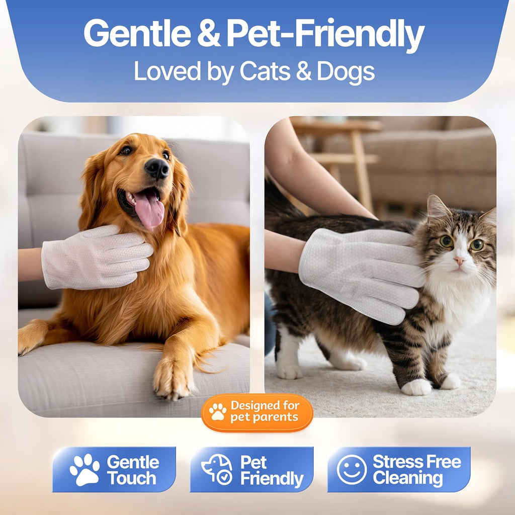 Pet Cleaning Glove Wipes for Dogs & Cats - Hypoallergenic Coconut Infused No-Rinse Dog Washing Gloves - Deodorizing Grooming Mitts - Puppy and Cat Cleaning Wipes - 20 Count