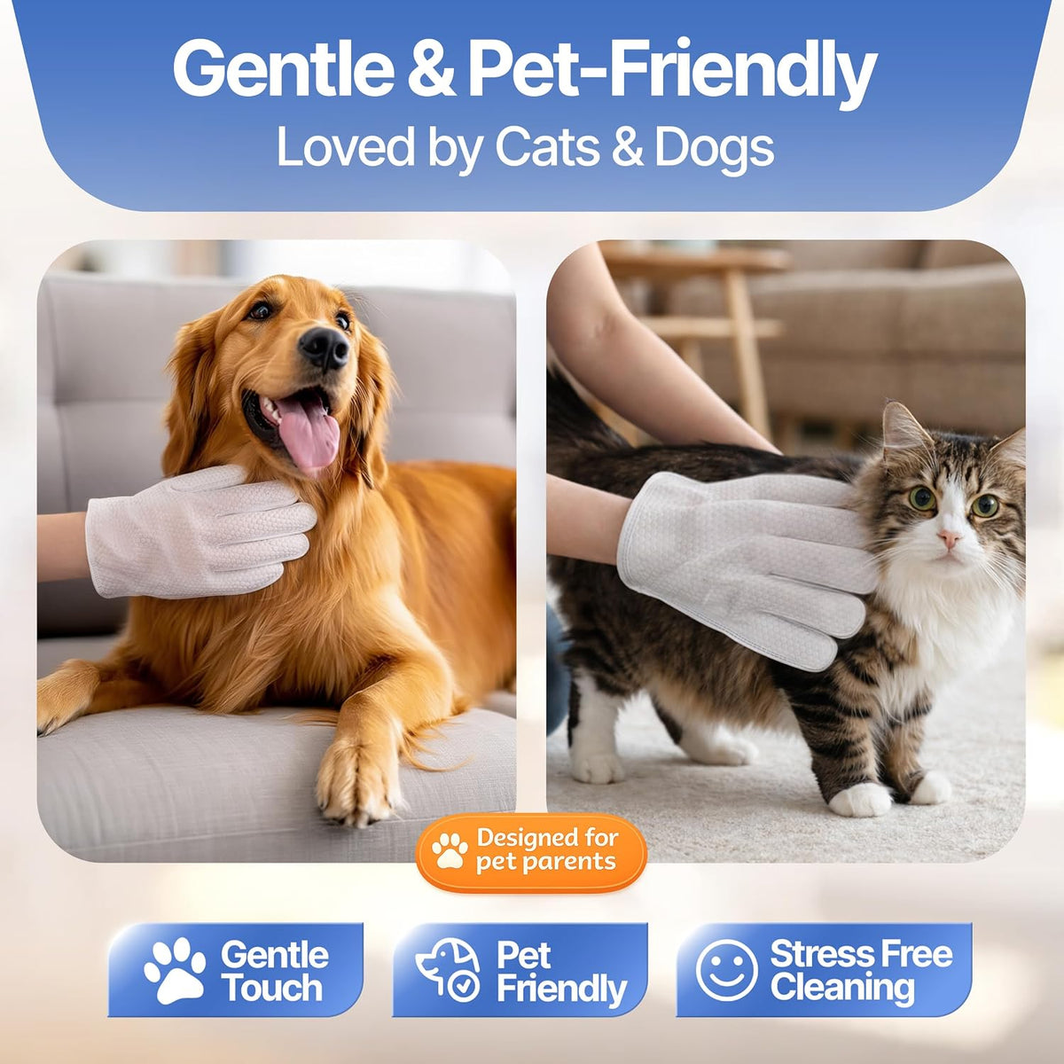 Pet Cleaning Glove Wipes for Dogs & Cats - Hypoallergenic Coconut Infused No-Rinse Dog Washing Gloves - Deodorizing Grooming Mitts - Puppy and Cat Cleaning Wipes - 20 Count