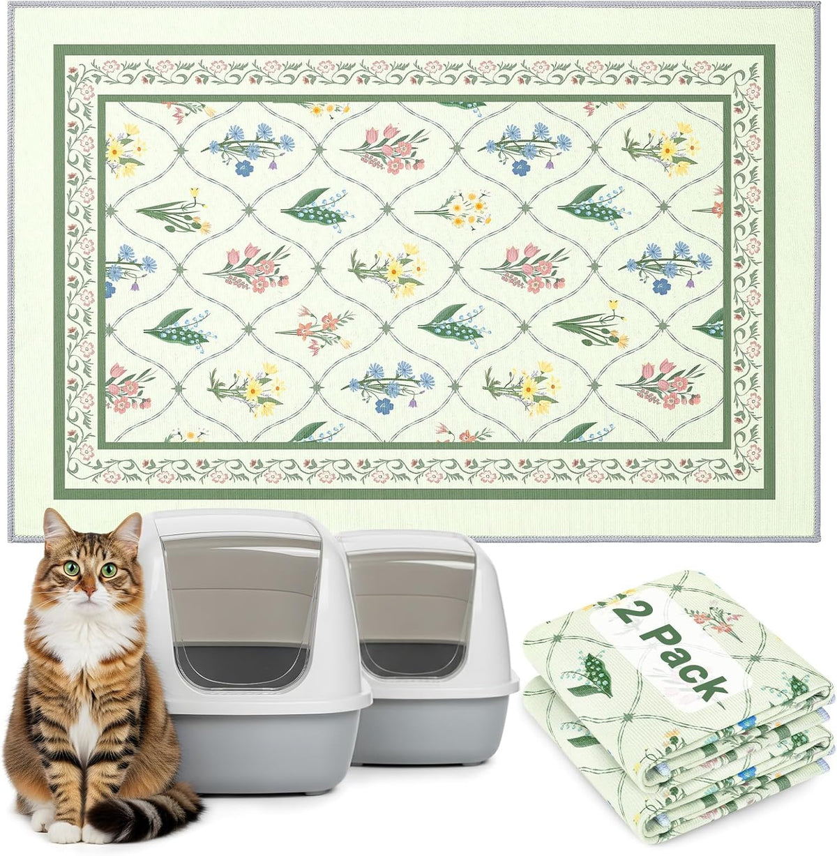 Bienbee Cat Litter Mat, 2 Pack 33" x 22" Machine Washable for Litter Boxes | Cat Litter Rug with Waterproof Backing, Non-Slip Grip and Soft On Kitty Paws to Catch Litter and Protect Floor