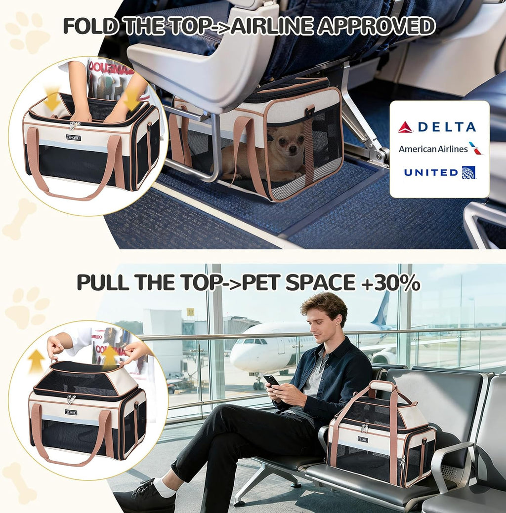 Lekereise Top-Expandable Pet Carrier 18x11x11Inch Delta American United Airline Approved Soft Sided Underseat to 15lbs Travel Carriers for Small Dogs Cats with Locking Safety Zippers Anti-Scratch Mesh