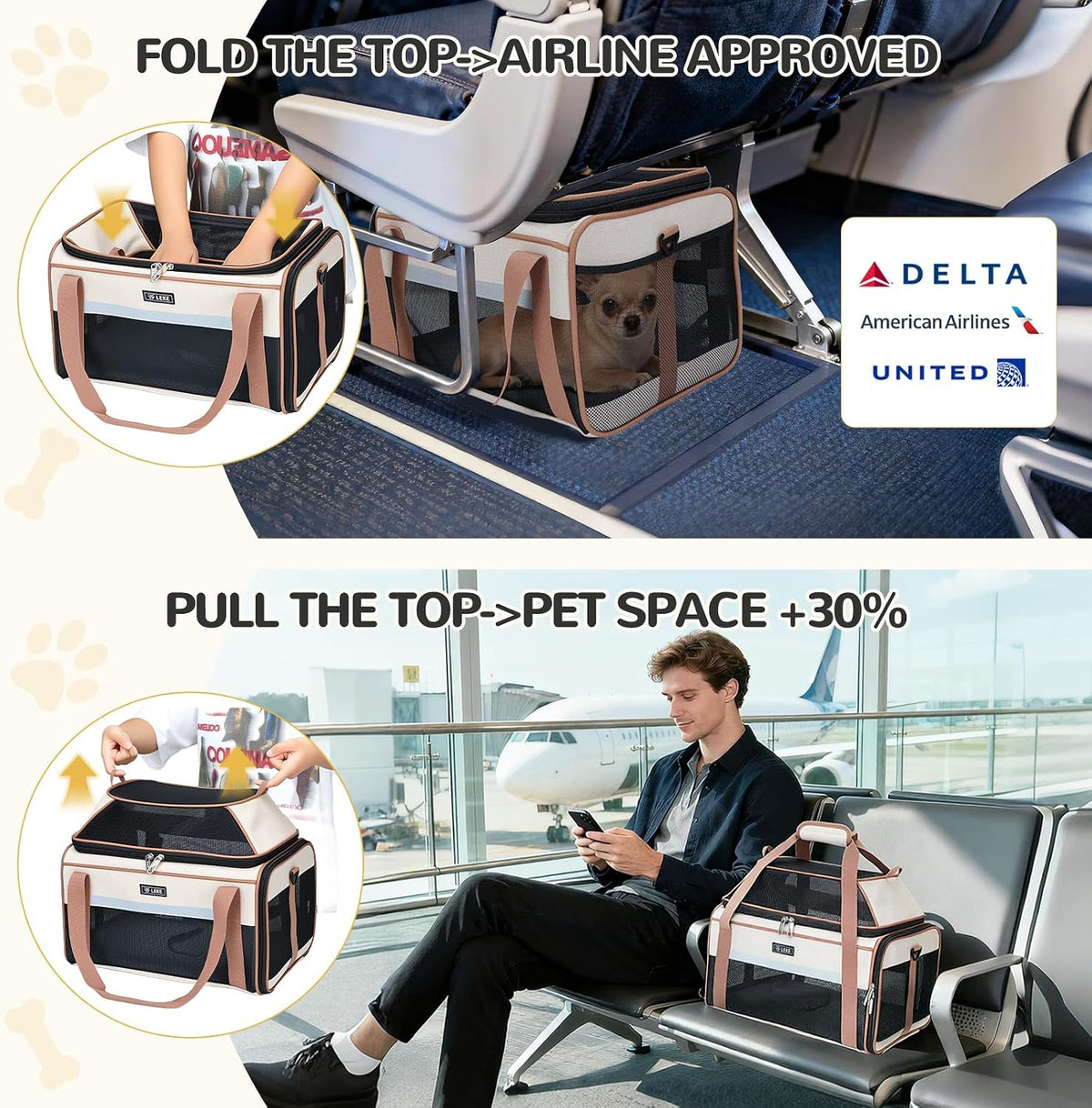 Lekereise Top-Expandable Pet Carrier 18x11x11Inch Delta American United Airline Approved Soft Sided Underseat to 15lbs Travel Carriers for Small Dogs Cats with Locking Safety Zippers Anti-Scratch Mesh