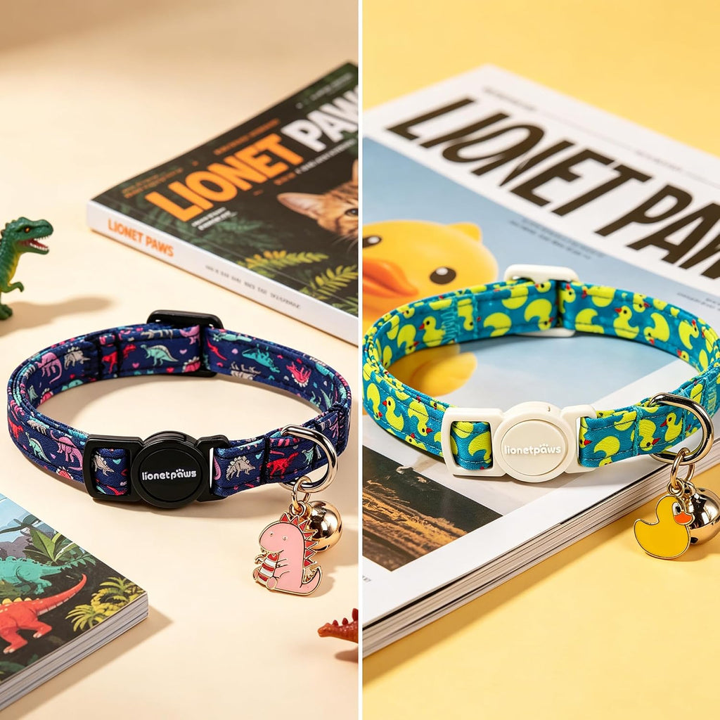 LIONET PAWS 2 Pack Breakaway Summer Cat Collars, Cute Soft Cotton Yellow Duck & Purple Dinosaur Kitten Collars with Bell for Boy Girl Cats