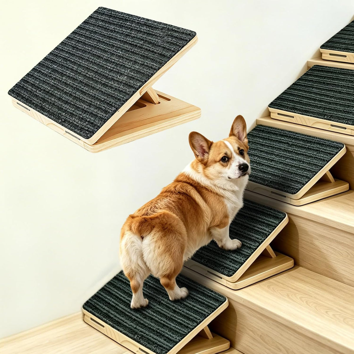 6-Pack Small Dog Ramp for Stairs, Adjustable Gentle Low-Angle Wooden Pet Stair Wedges, Non-Slip Carpet Surface, No Assembly Portable Sturdy Pet Steps for Small Dogs, Senior, Injured, Short-Legged