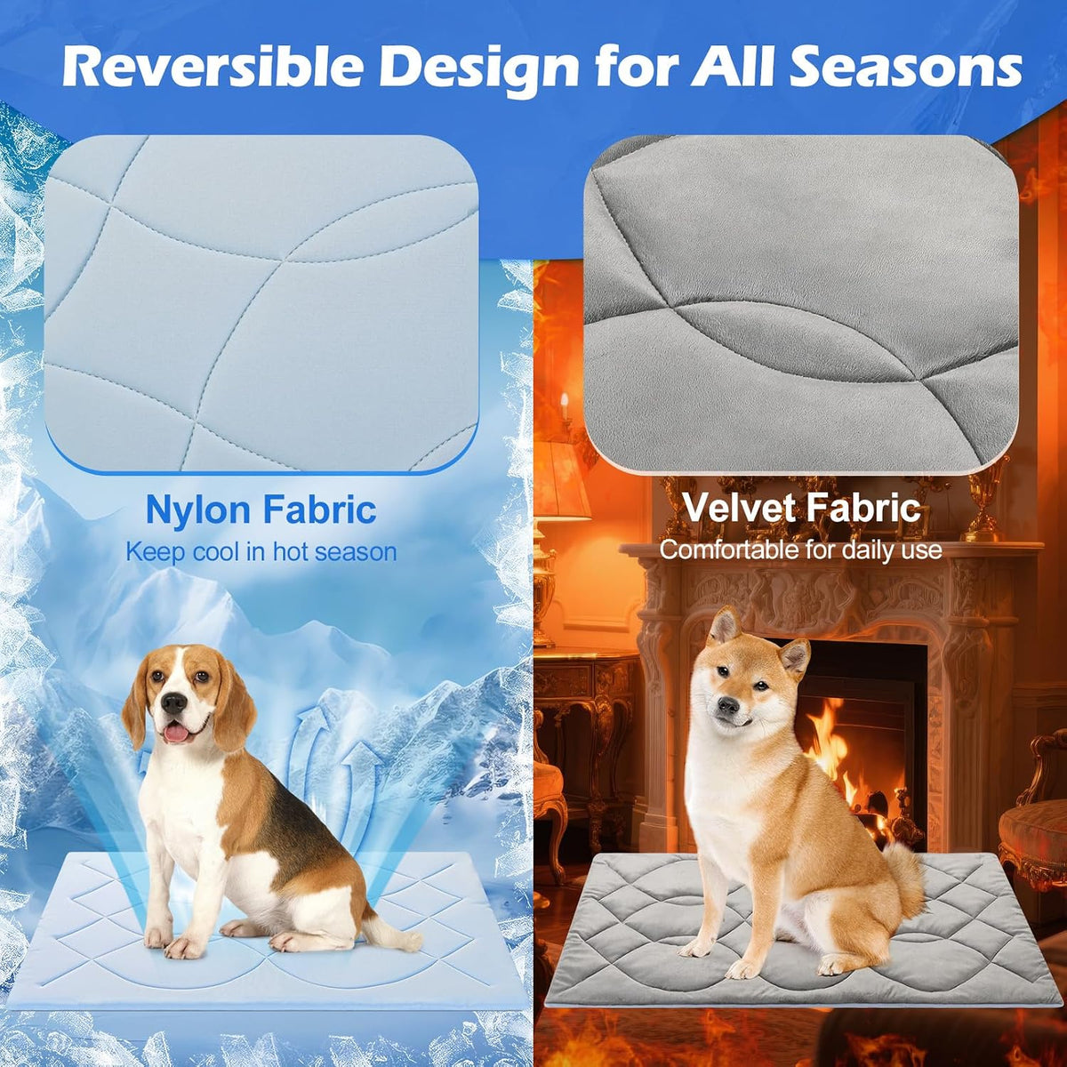 Q-Max>0.4 Dog Cooling Mat (Cool&Warm), 59''×40'', XL, Blue+Grey
